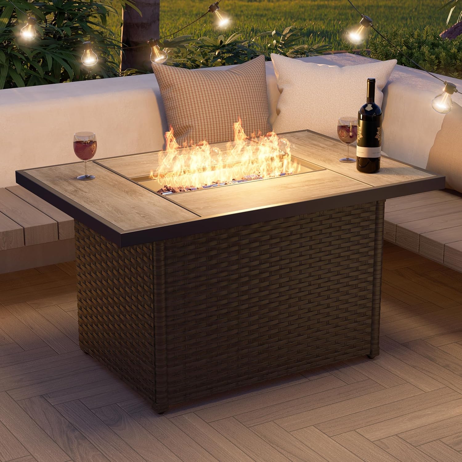 Grand patio Outdoor Propane Fire Pit Table with Cover/Lid for Patio, 43 inch 60,000 BTU,Wicker/Rectangle