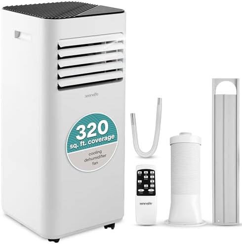 SereneLife Portable Air Conditioner 10000 BTU - 3-in-1 Compact Standing Air Conditioner for Room Up to 320 Sq. Ft. - Floor AC Unit with Remote Control - Universal Casters, Window Mount Kit