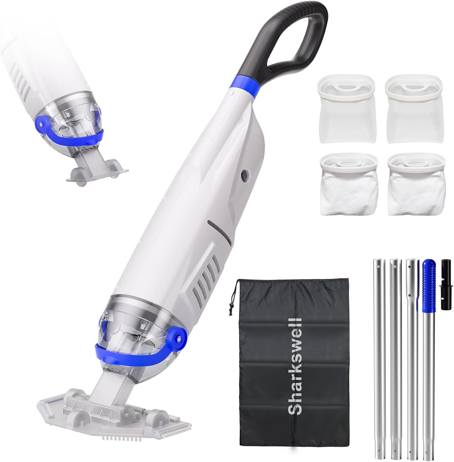 Upgraded Cordless Pool Vacuum with Telescopic Pole, 60 Min Powerful Suction & Transparent Head, Rechargeable Handheld Cleaner for Above Ground Pools, Inground Pools, Hot Tubs and Spa