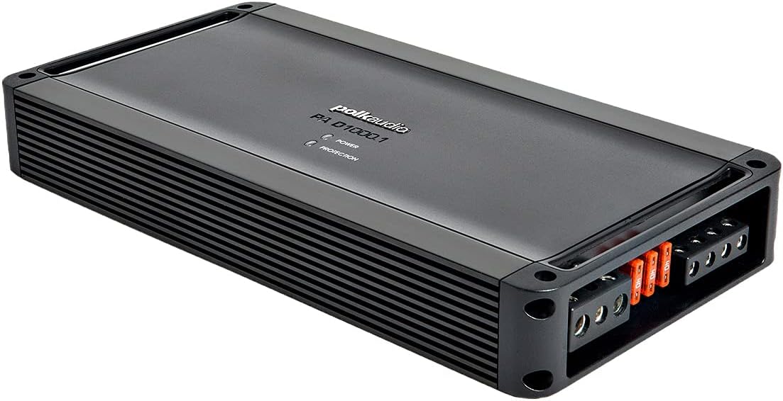 Polk Audio PA D1000.1 Class D MOSFET Monoblock Mobile Audio Amplifier; 500 Watts RMS @ 4 ohms, 800 Watts RMS @ 2 ohms and 1200 Watts RMS @ 1 ohm; Remote Subwoofer Level Control