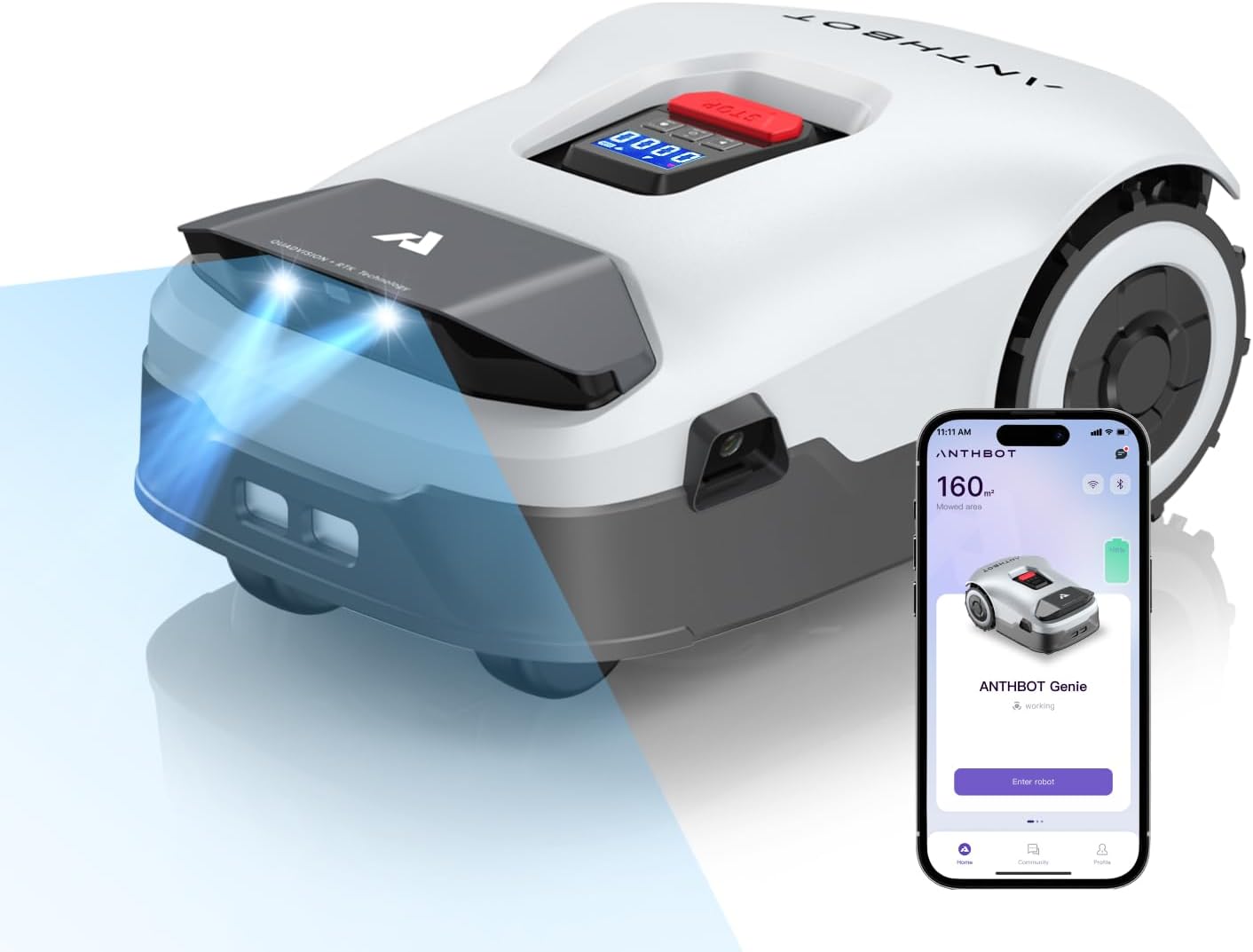 ANTHBOT Genie600 Robot Lawn Mower - NO Wire, Full Band RTK+4-Eye Vision Robotic Lawnmower for 1/4 Acre, Auto Mapping, Multi-Zone Management, Accurate Obstacle Avoidance, Intelligent Path Planning