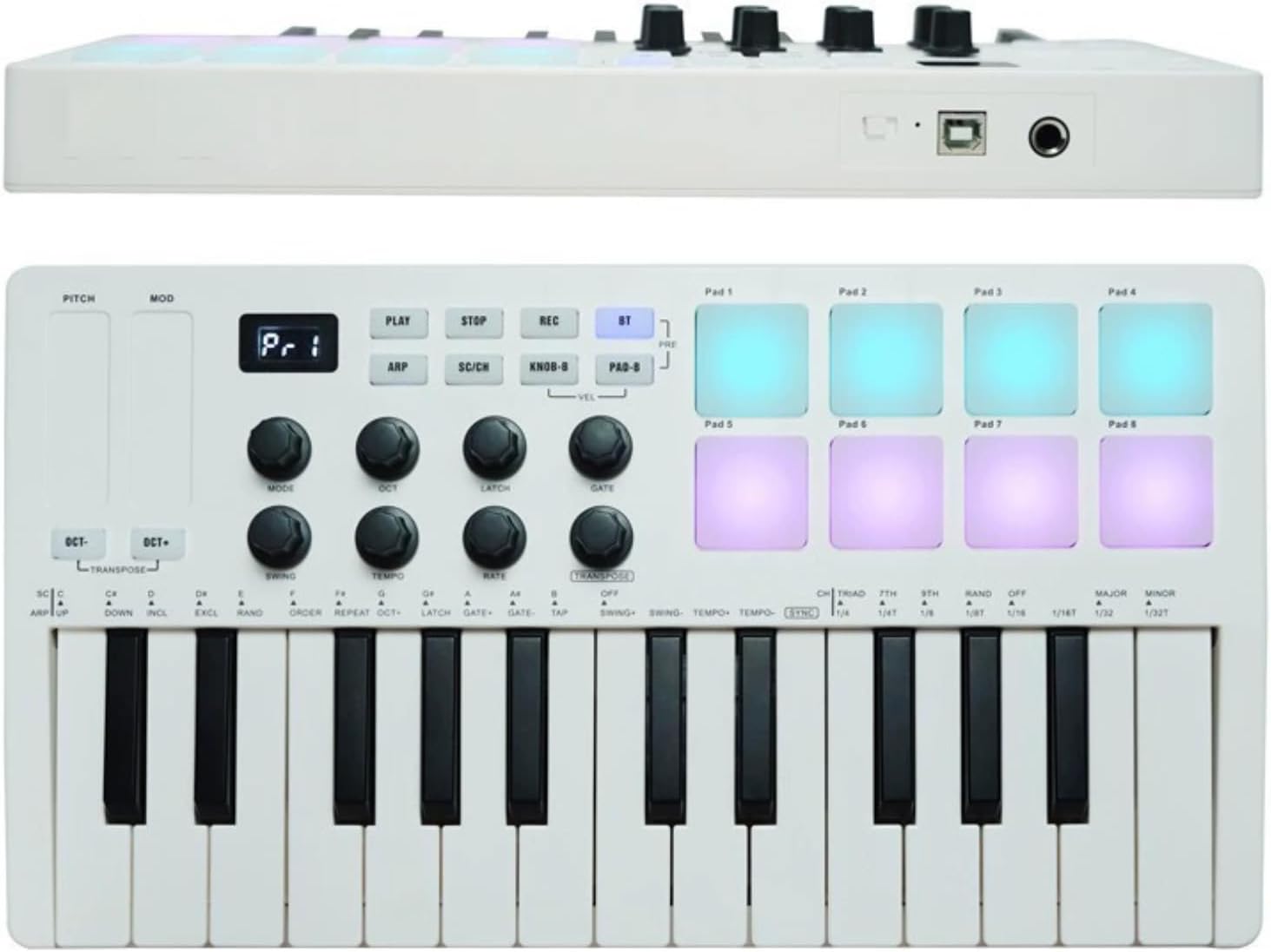 25 Keys Midi Keyboard Controller, Mini Portable Bluetooth Beat Maker hine with 8 Backlit Drum Pads & 8 Knobs, Professional Dynamic Keybed for Music Production, Compatible with iOS Android PC, RGB