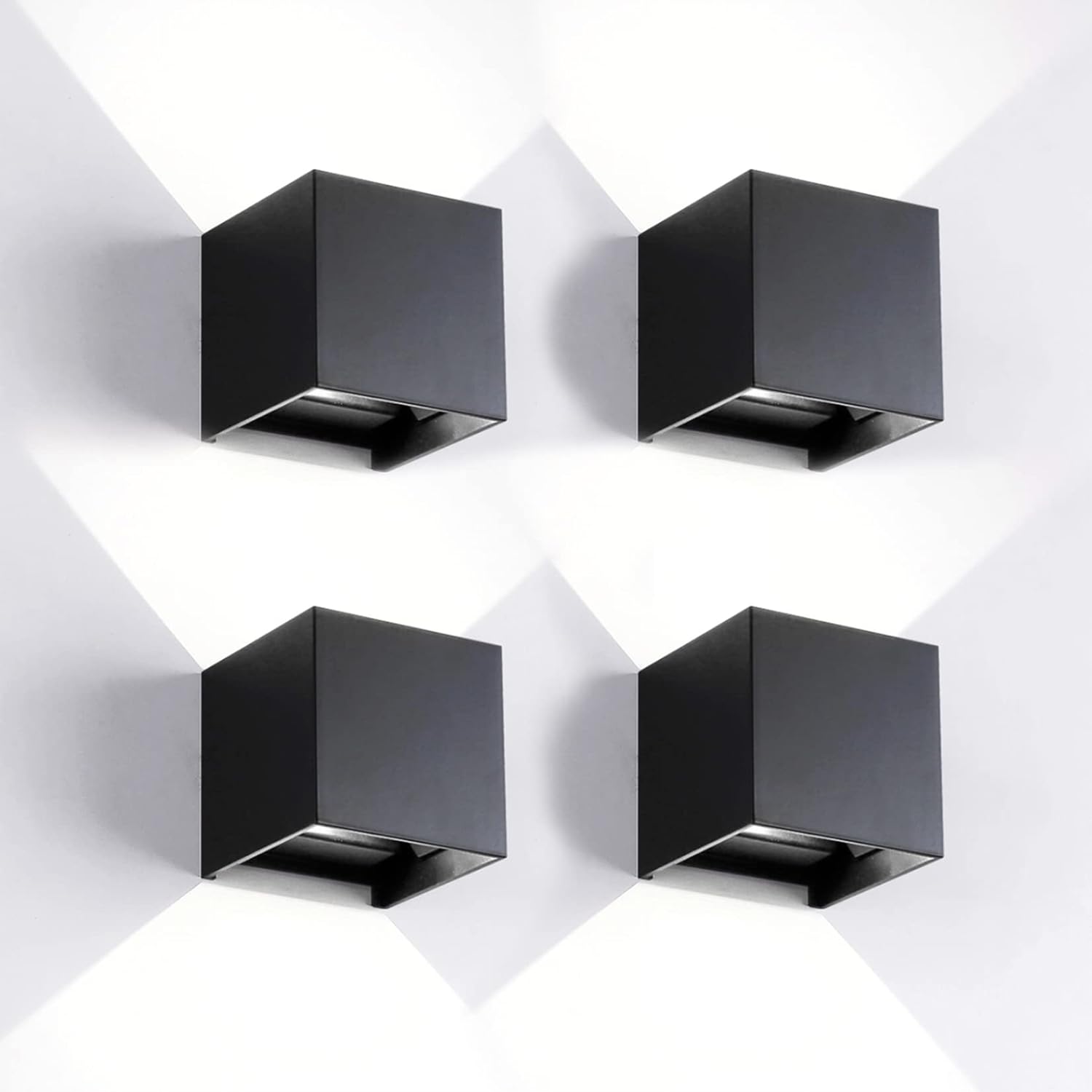 4 Pack Outdoor Wall Lights Exterior/Interior LED Wall Sconces IP65 Waterproof Square Aluminum Wall Lamps Outdoor Lighting Fixture Up and Down Lights Modern Black 12W 6500K Cold Lights