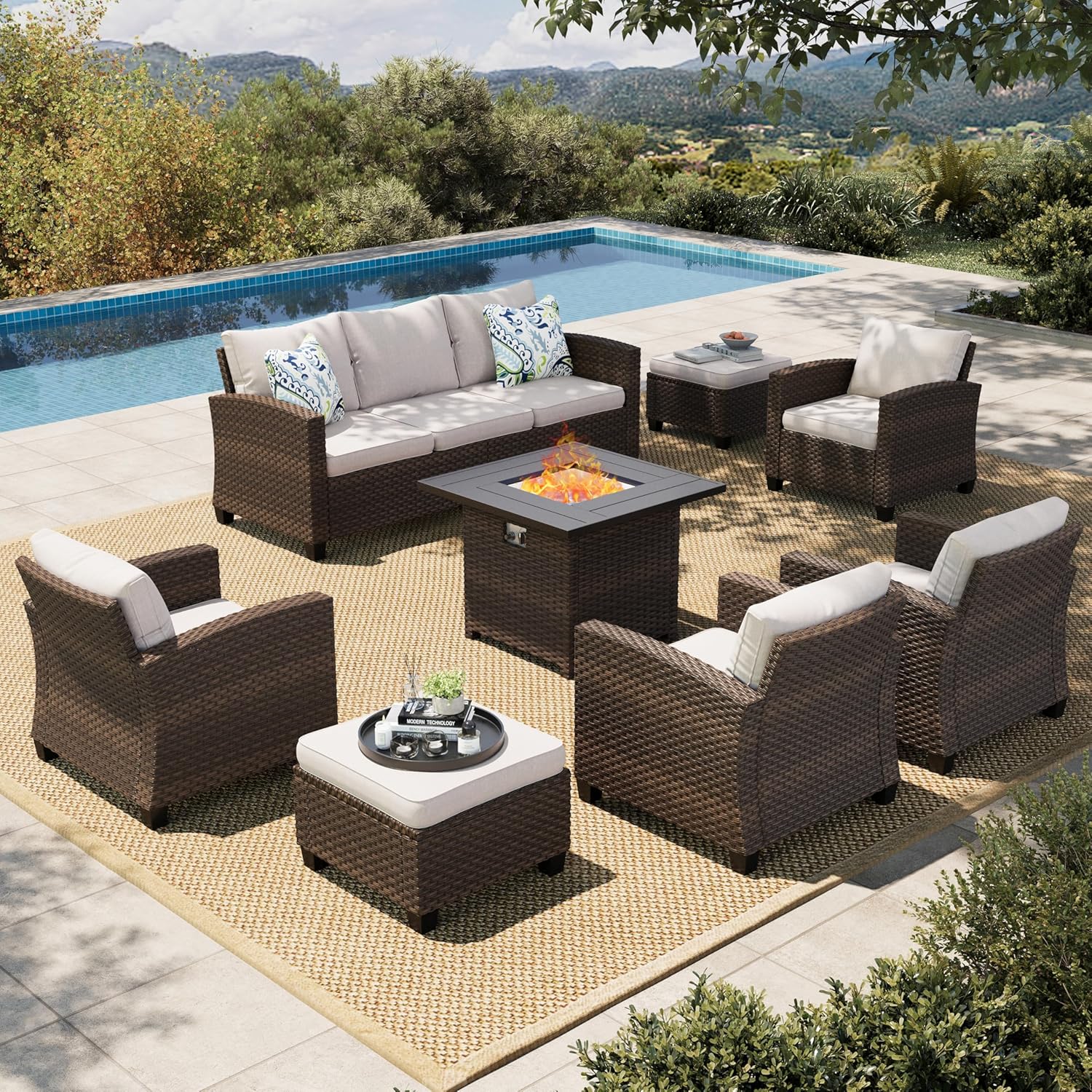 HERA'S HOUSE 8 Pieces Wicker Patio Furniture Set with Fire Pit Table, 4 x Single Chair, 2 x Ottoman, 3-Seat Sofa and 32