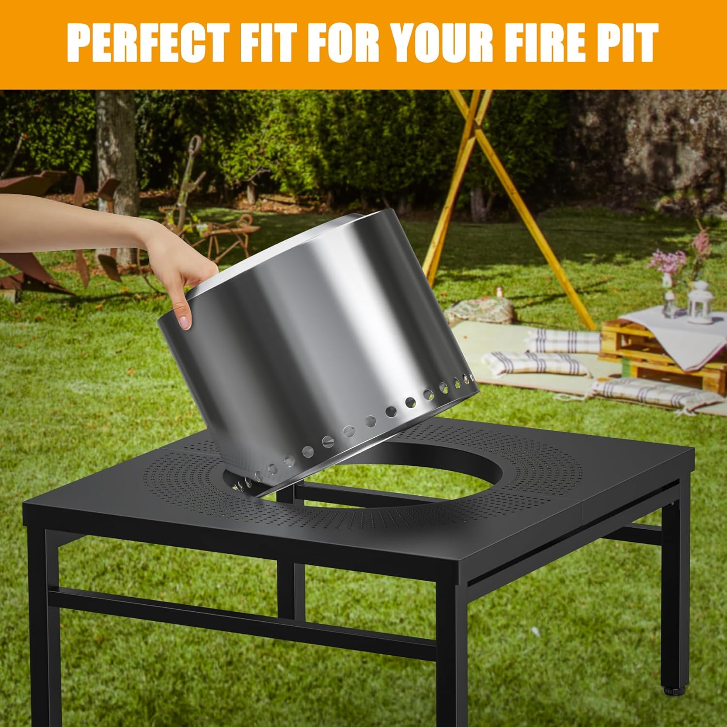 KEESHA Fire Pit Surround Tabletop for Solo Stove Yukon, Bonfire and More, Outdoor Powder-Coated Square Fire Pit Table with Dust Cover, 45 Inch