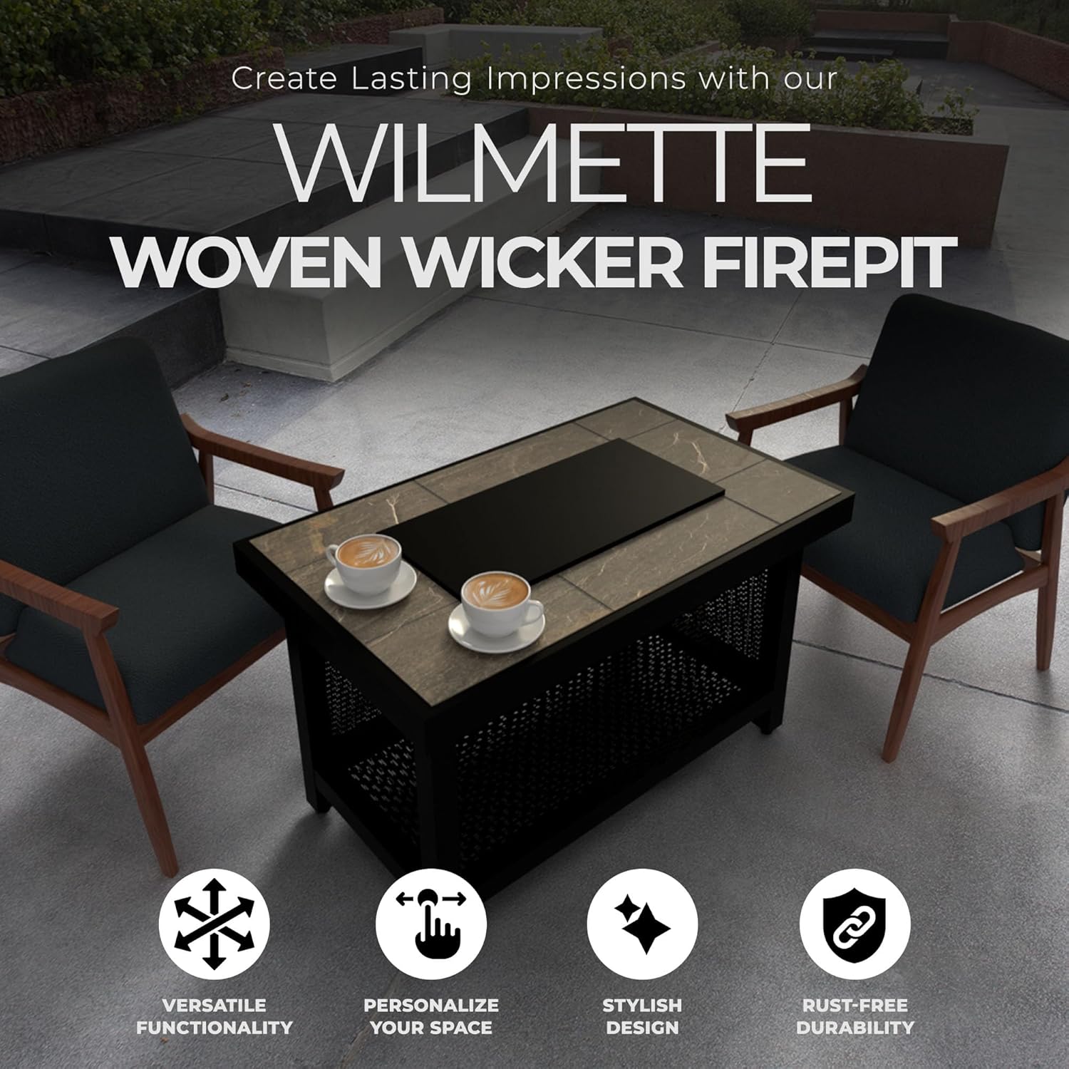 Four Seasons Courtyard Wilmette Aluminum Firepit Woven Wicker with Grouted Stone Tile Top and Rectangular Framing for Patio, Lawn, and Garden Use