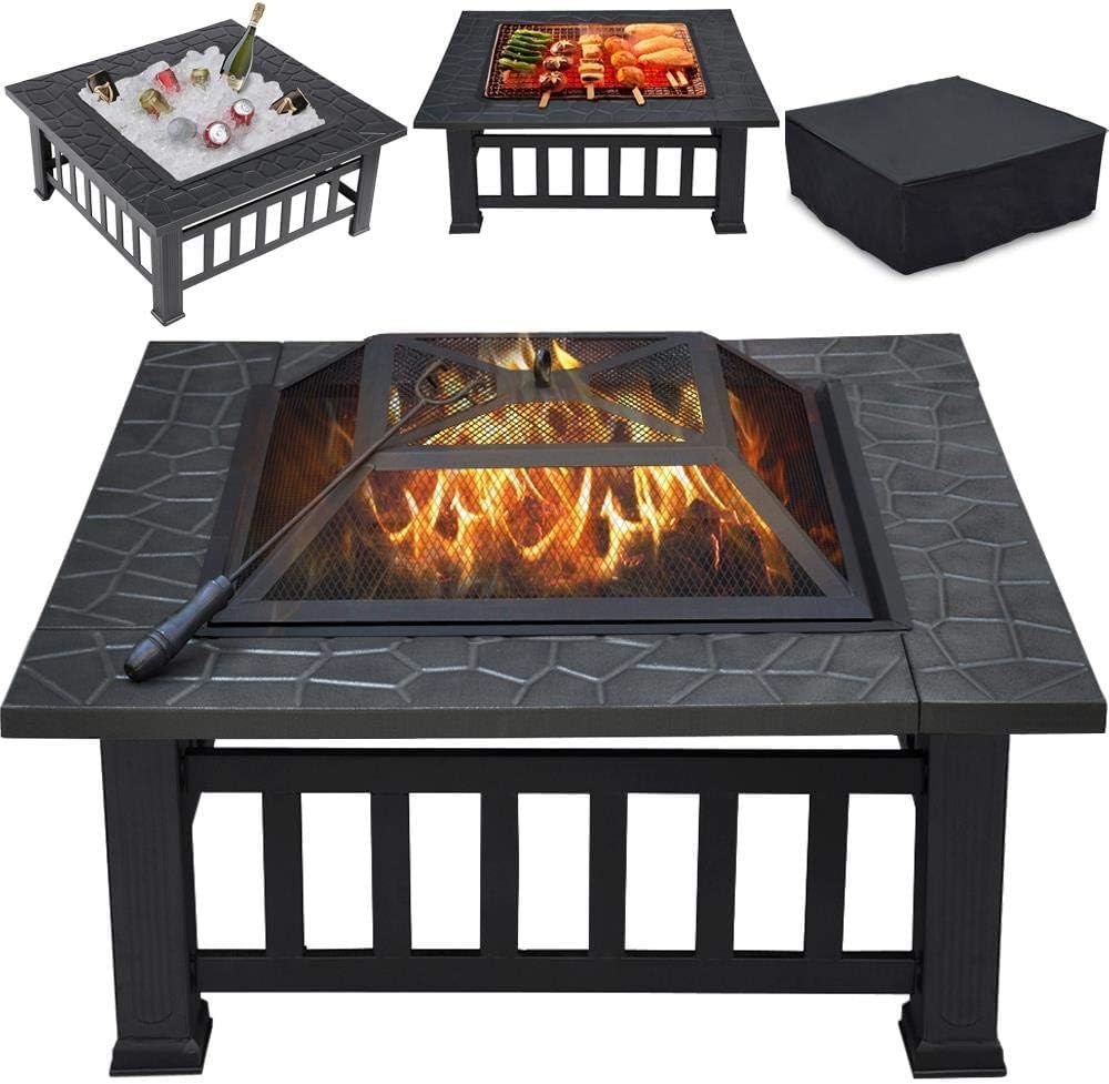 Multifunctional Fire Pit Table 32in Square Metal Firepit Stove Backyard Patio Garden Fireplace for Camping, Outdoor Heating, Bonfire and Picnic (Black)