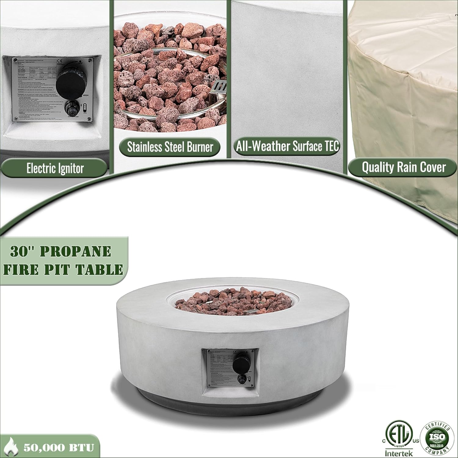 30-Inch Outdoor Propane Fire Pit Table with Lid, Round Fire Bowls for Outside with Side Handles & Rocks, 50000 BTU Smokeless Steel Gas Firepits for Outside Patio Garden Backyard (Grey, 30in)