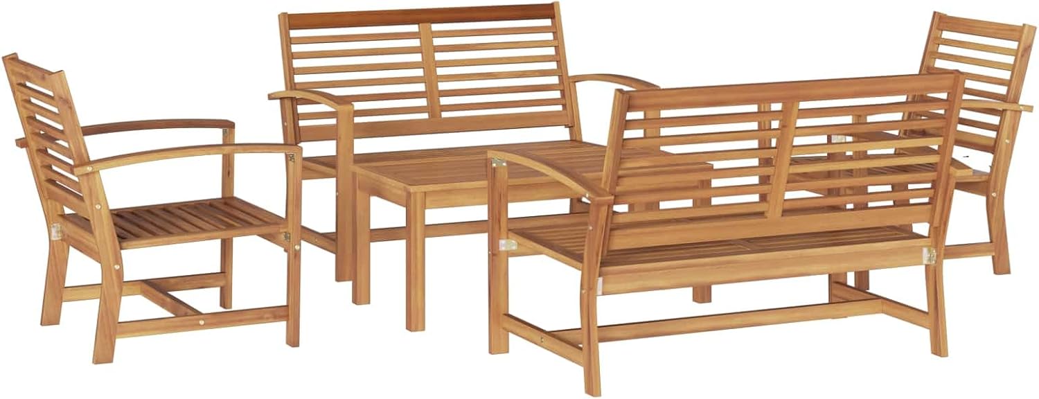 Garden Sofa Set 5 PC Natural Solid Teak Wood, Outdoor Patio Furniture for Balcony, Weather Resistant, Easy Assembly