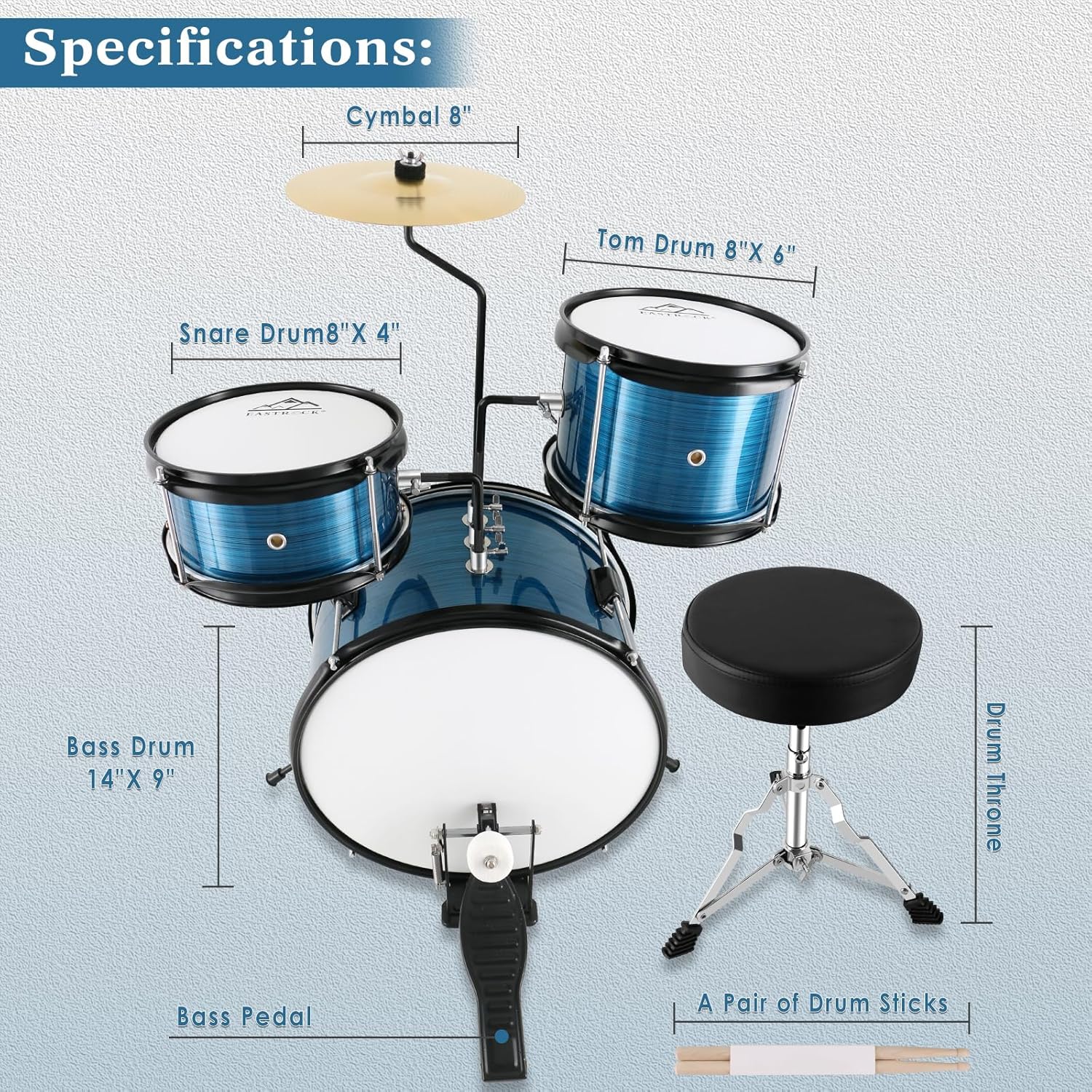 EASTROCK Drum Set, 3 Piece 14'' Drum sets for Drummer,Beginner, Drum Set for 5-7 Years Old with Adjustable Throne,Cymbal,Pedal,Drumsticks(Blue)