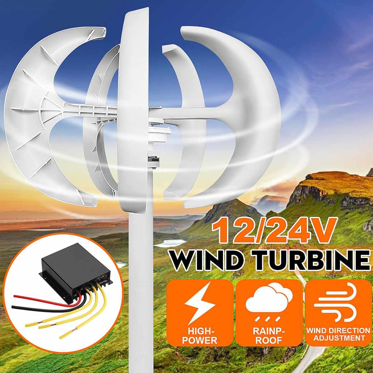48V,BAOJUHUIKANG 1000W-5000W Vertical Axis Wind Turbine Generator, 5 Blades Wind Turbine Kit 2M/S Wind Speed Starting Wind Power Generator - White