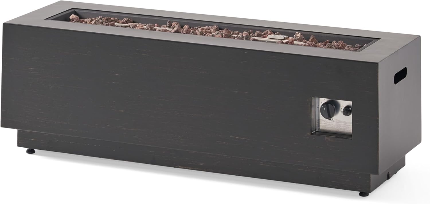 Benjara Outdoor Fire Pit, Dark Brown, Gold Iron Frame Rectangular 48 Inch