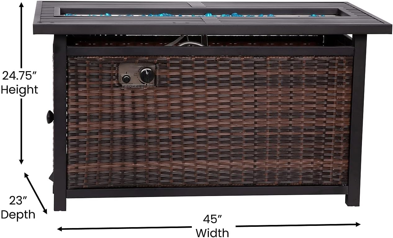 Flash Furniture Olympia 50,000 BTU Outdoor Propane Fire Pit Table - Black Stainless Steel Tabletop and Espresso Wicker Base - 45