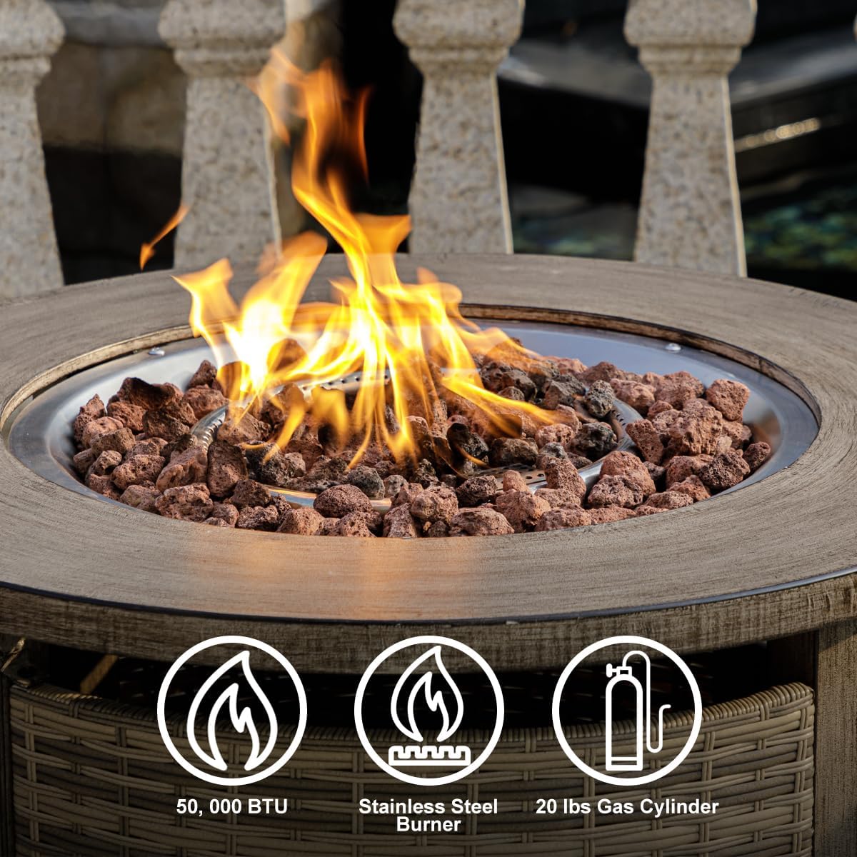 32 inch Propane Fire Pit Table,Wicker Gas Fire Pits Table with Lid & Lava Rocks, 50000 BTU Round Propane Firepit for Outside, Fire Table for Dining,Party, Patio,Yard