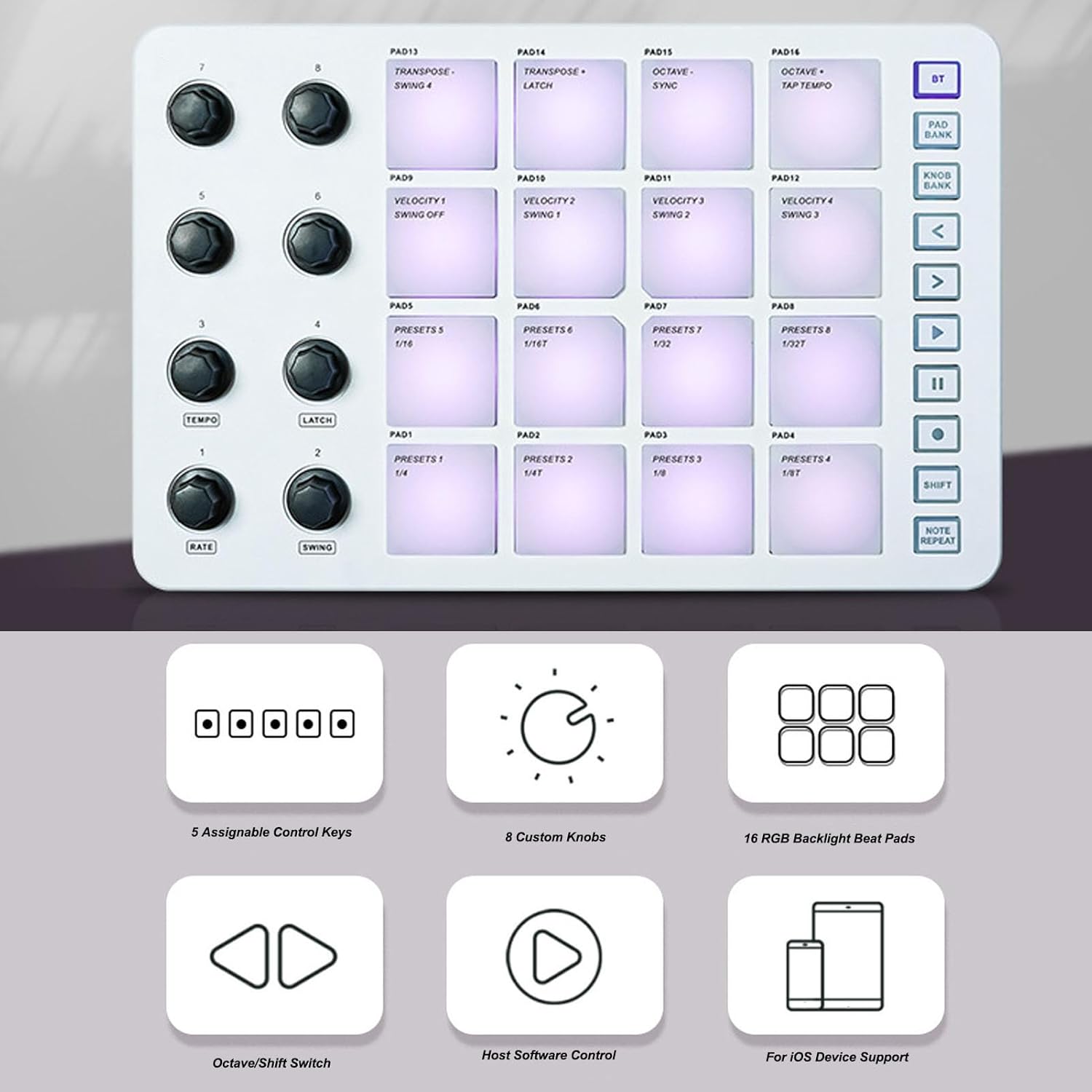 Wire less MIDI Controller, USB MIDI Controller with 16 RGB Drum Pads and 8 Assignable Knobs, USB MIDI Pad Controller, USB Beat Maker Machine for Music Production