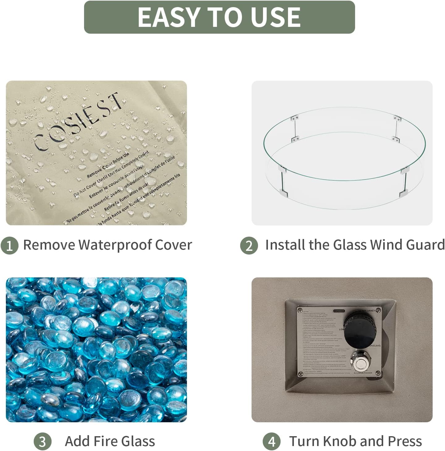 COSIEST Outdoor Propane Fire Pit Coffee Table w Gray 40.5-inch Round Base Patio Heater, Certified, 50,000 BTU Stainless Steel Burner, Wind Guard, Aqua Blue Fire Glass, Rain Cover