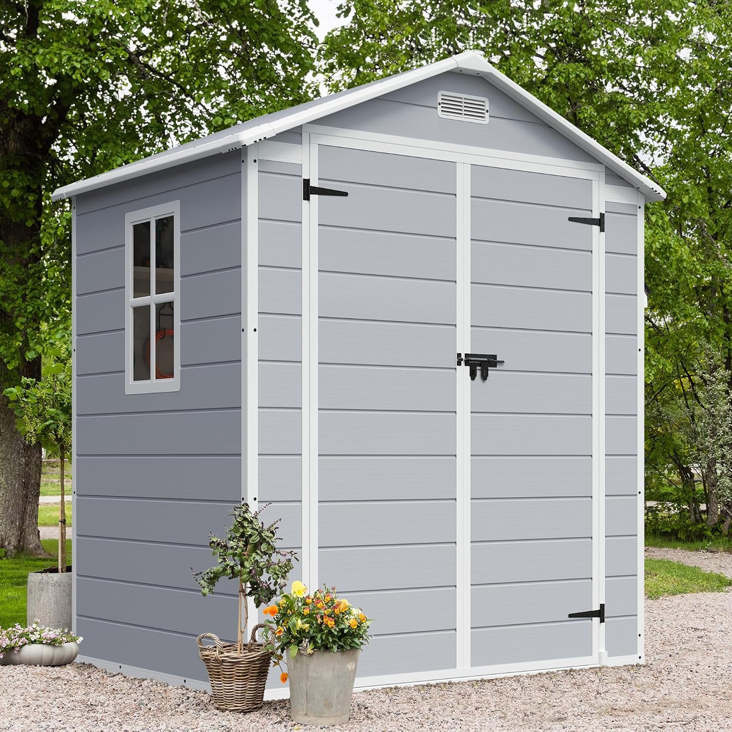 JUMMICO Outdoor Storage Shed, 6 x 4 FT Resin Shed with Floor and Lockable Door, Plastic Garden Tool Outside Sheds for Patio Backyard Lawn