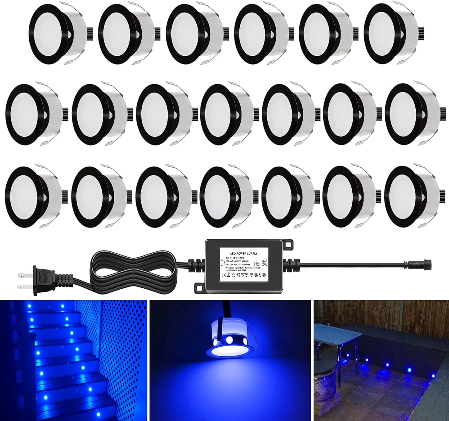 20pcs QACA Recessed LED Deck Lighting Kits 12V Low Voltage Φ30mm Waterproof IP 67,LED In Ground Lighting with Black Border for Steps,Stair,Patio,Floor,Deck,Kitchen,Outdoor LED Landscape Lighting(Blue)