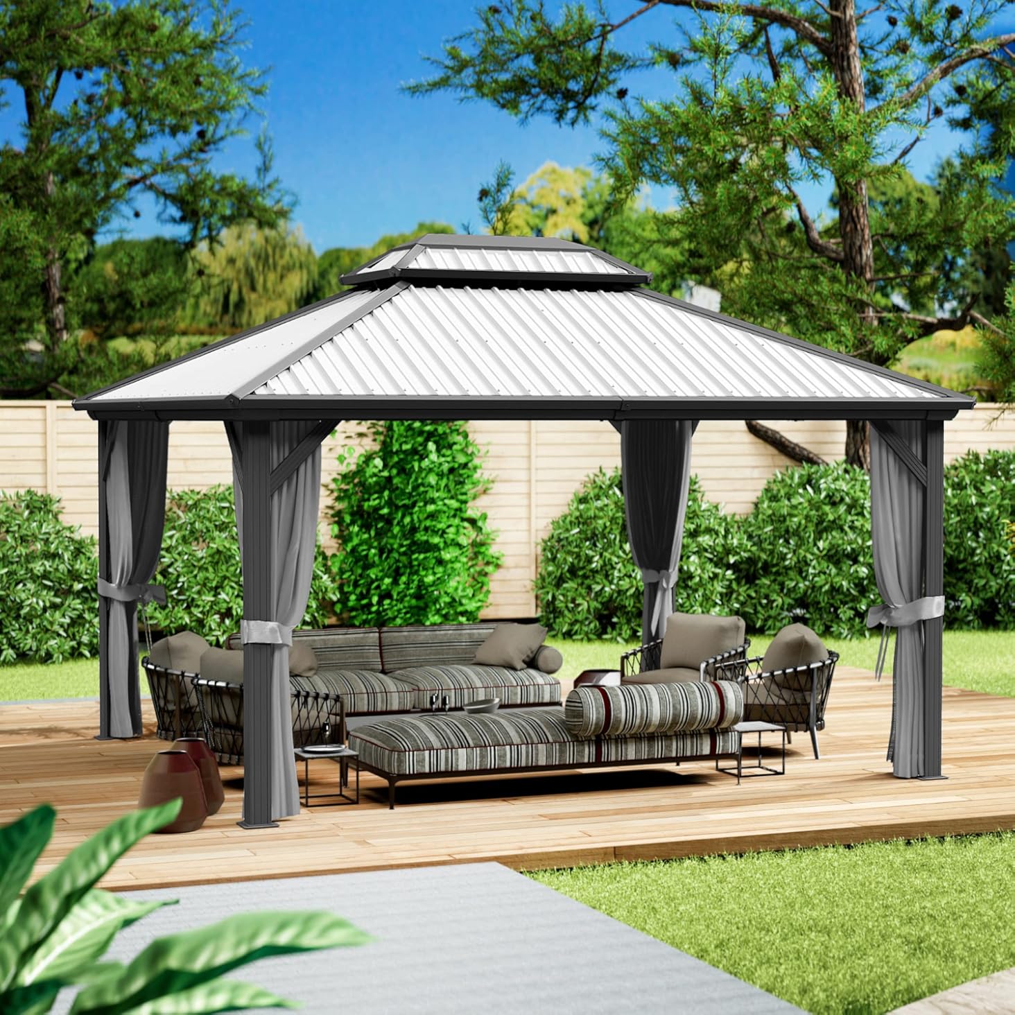 Kozyard Caesar 12'x14' Hardtop Gazebo - Permanent Metal Pavilion with Netting and Shaded Curtains for Patio, Backyard, and Deck - Galvanized Steel Outdoor Aluminum Canopy, Double Roof Gazebo (Grey)