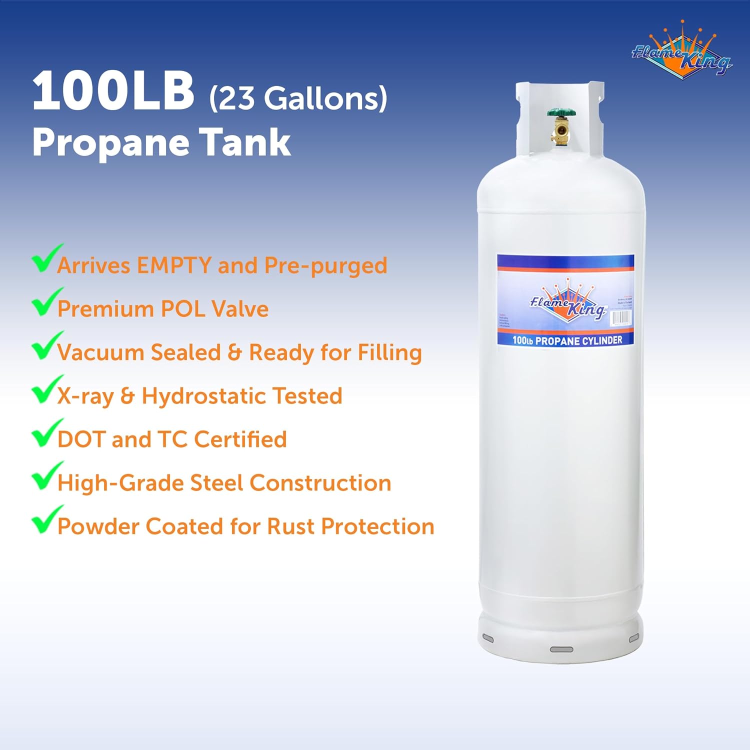 Flame King 100LB (23 Gal) Steel Propane Tank Cylinder with POL Valve and Collar, Great for Mixed Heating Systems, Home fireplaces, Dryers and Grills