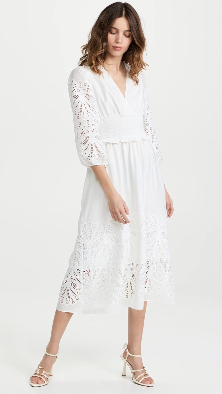 Shoshanna Women's Ari V-Neck Puff Sleeve Midi Dress