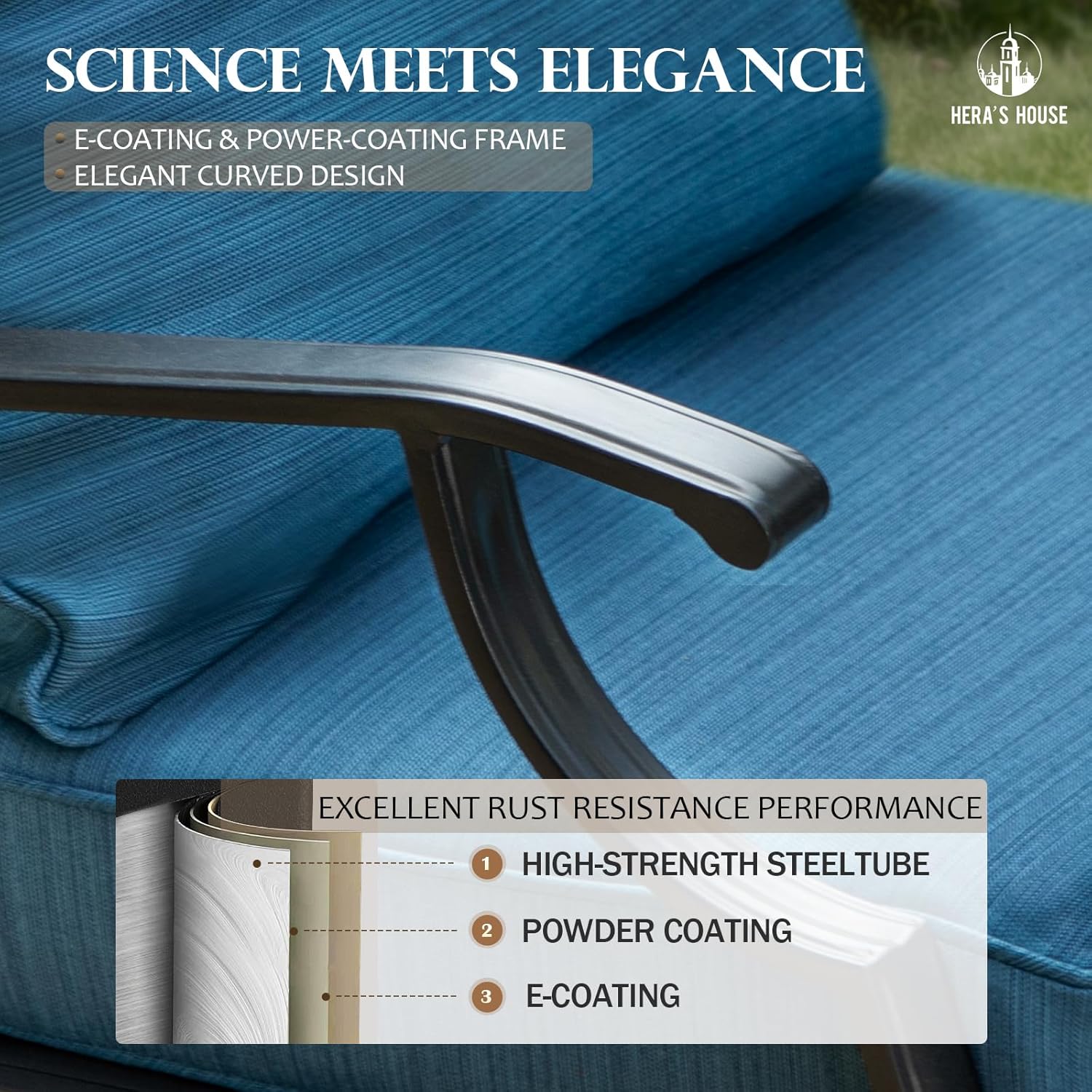 HERA'S HOUSE 5 Pieces Patio Furniture Set with Fire Pit Table, 4 x Thick Cushioned Rocking Chairs, 1 x 28 Fire Pit Table (50,000 BTU), Outdoor Conversation Set for Garden Backyard Lawn, Pacific Blue