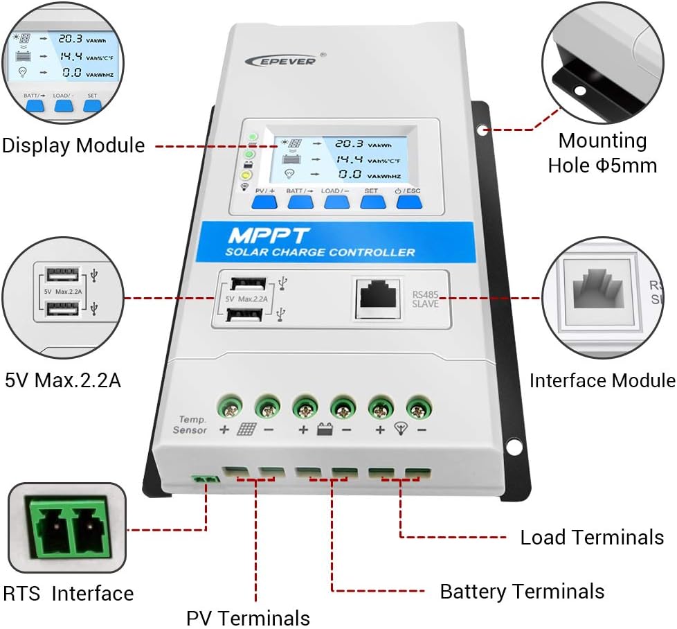 EPEVER 40A MPPT Solar Charge Controller 12V/24V Auto Working Max. PV 150V Modular Design Solar Panels MPPT Regulator with LED&LCD Display Double USB Port for Lead-Acid and Lithium-ion Batteries