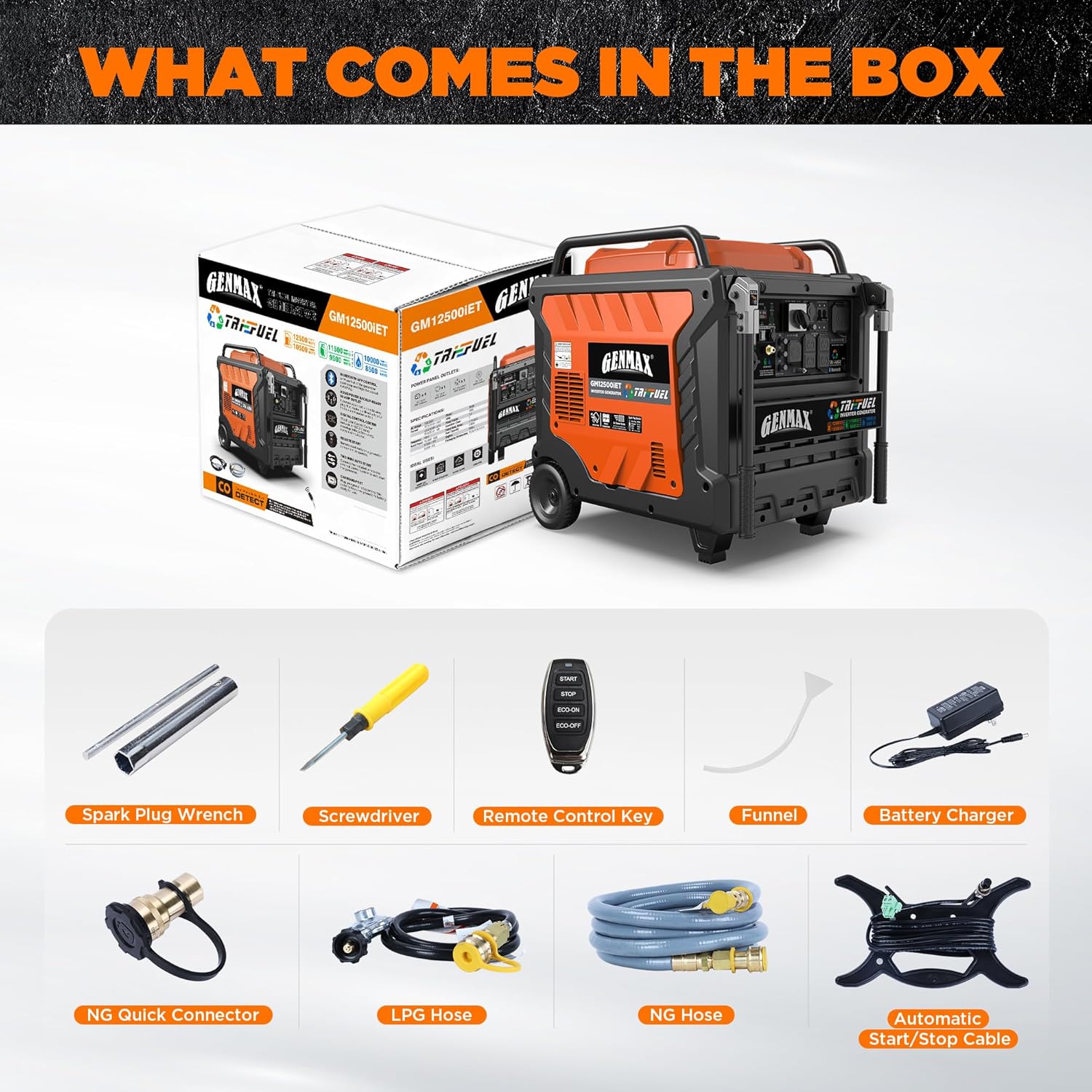 GENMAX 12500W Tri-Fuel Inverter Generator with CO Shield (2026 Model) - Quiet, 50A Outlet, 2-Wire Auto Start, Ideal for Home Backup, RV, Camping - EPA Compliant (GM12500iET)