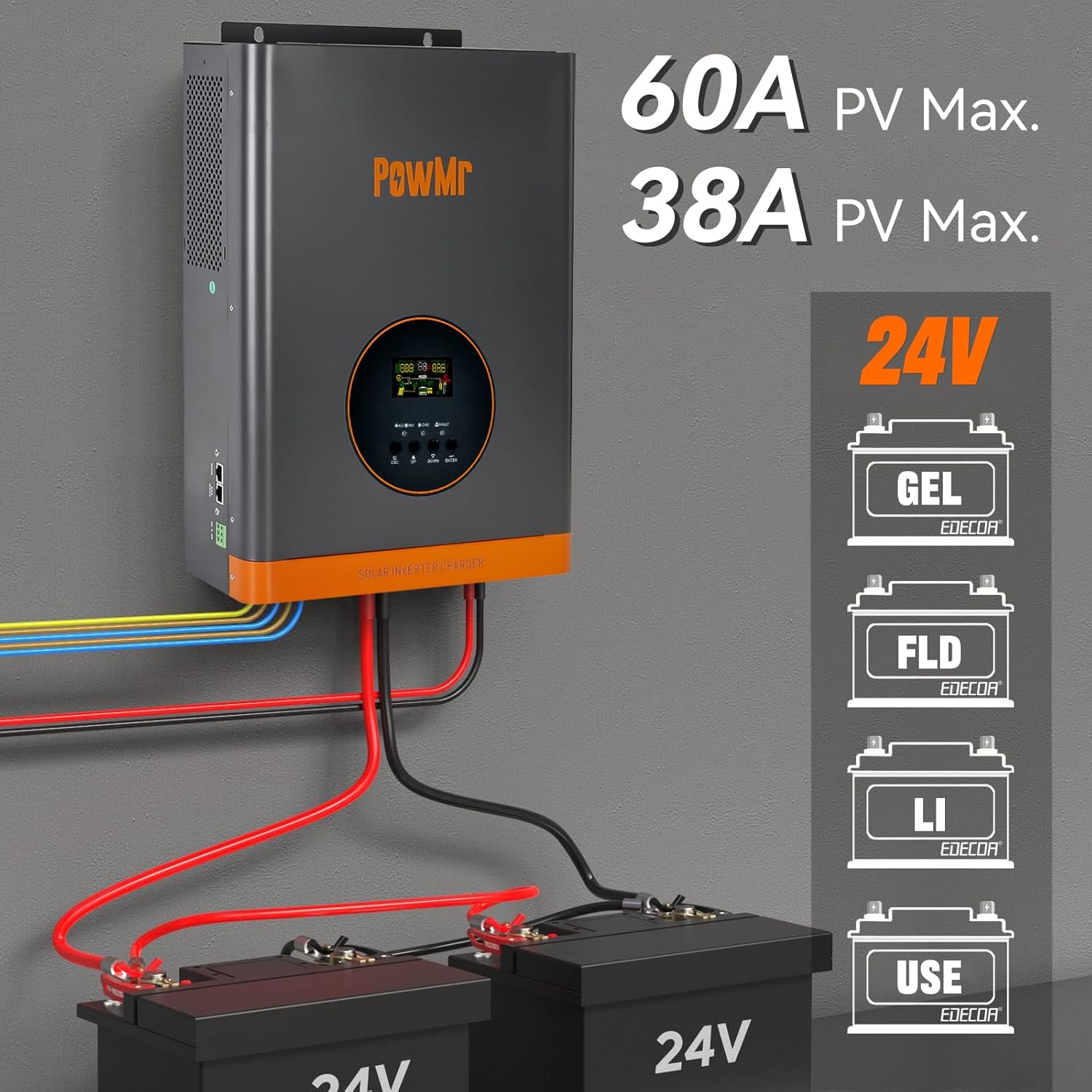 PowMr 3000W Solar Inverter 24VDC to 110VAC, Off Grid Low Frequency Pure sine Wave Inverter, Peak 9000W, DC 24V to AC 110V/120VAC Output, with 60A MPPT Charge Controller, for 24V Lead Acid & Li Battery