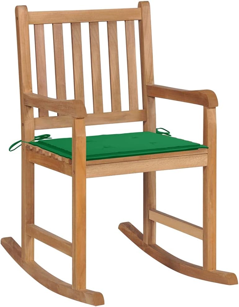 Patio Chair Rocking Chair with Green Cushion Solid Teak Wood