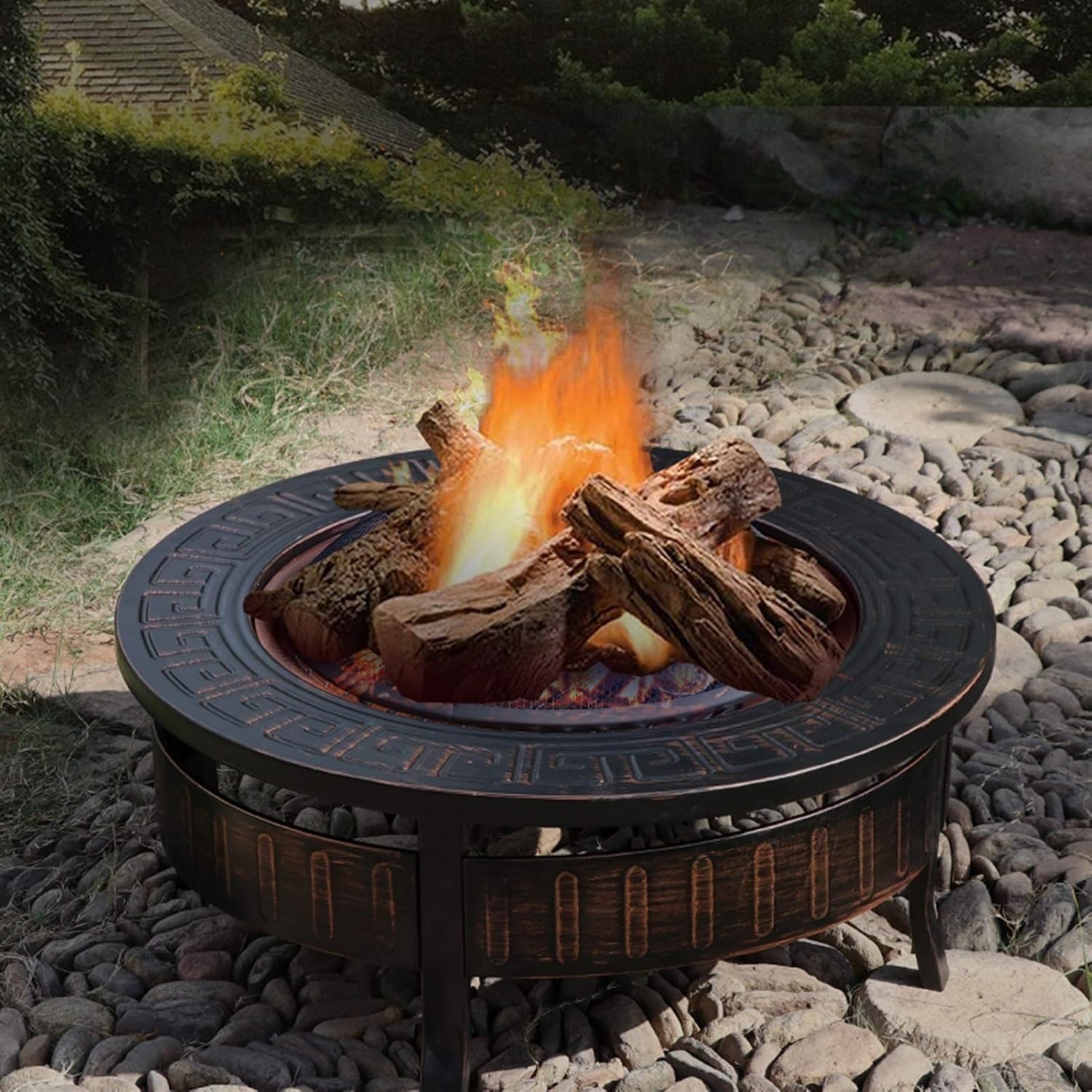 Outdoor Fire Pit 32-inch Campfire Pit Stool Set, Wood Burning Fire Bowl, Grill with Mesh Spark Sieve Cover Grate Poker