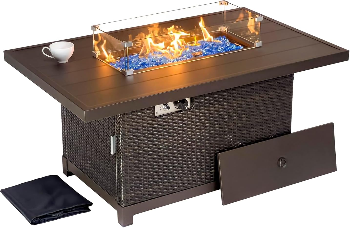 52 inch Outdoor Propane Fire Pit Table 50,000 BTU Patio Firepit Outdoor,Rectangle Fire Table with Lid, Aluminum Tabletop, Rattan Wicker, Auto-Ignition, Wind Guard (Brown)
