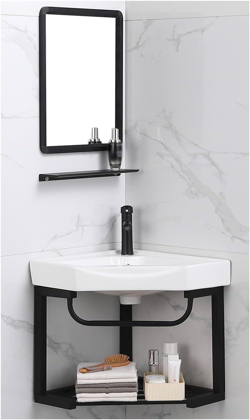 Corner Wall Mount Bathroom Sink, Wall Mounted Bathroom Sink, Bathroom Sink with Towel Rack,Without mirror-42x42cm,with Mirror-47x47cm