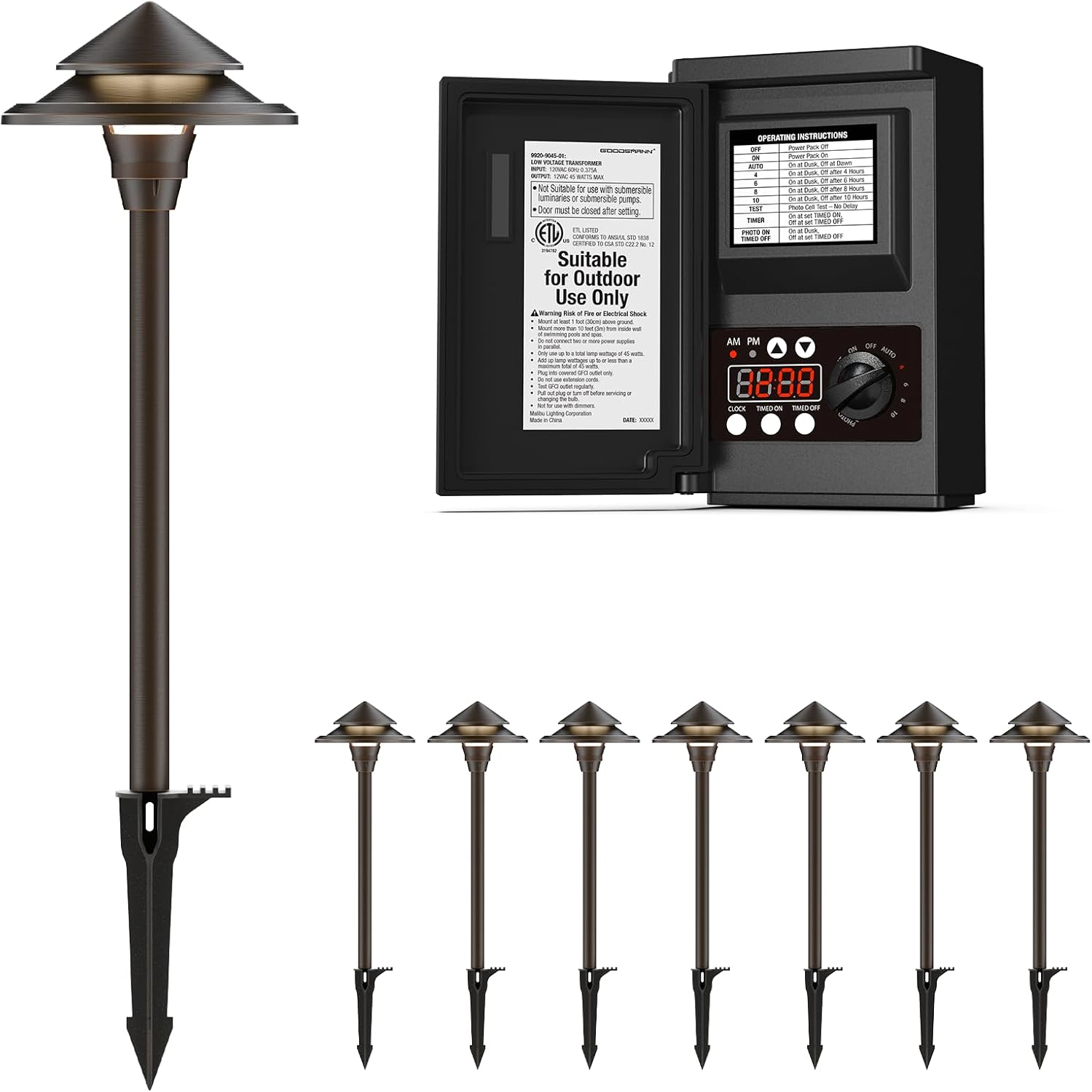 GOODSMANN Low Voltage Landscape Lighting 8PK LED Path Lights Oil Rubbed Bronze 4W 32 Lumen Hardwired 2 Tier Pagoda Landscape Pathway Lights 3000K Warm White with 45W Low Voltage Transformer