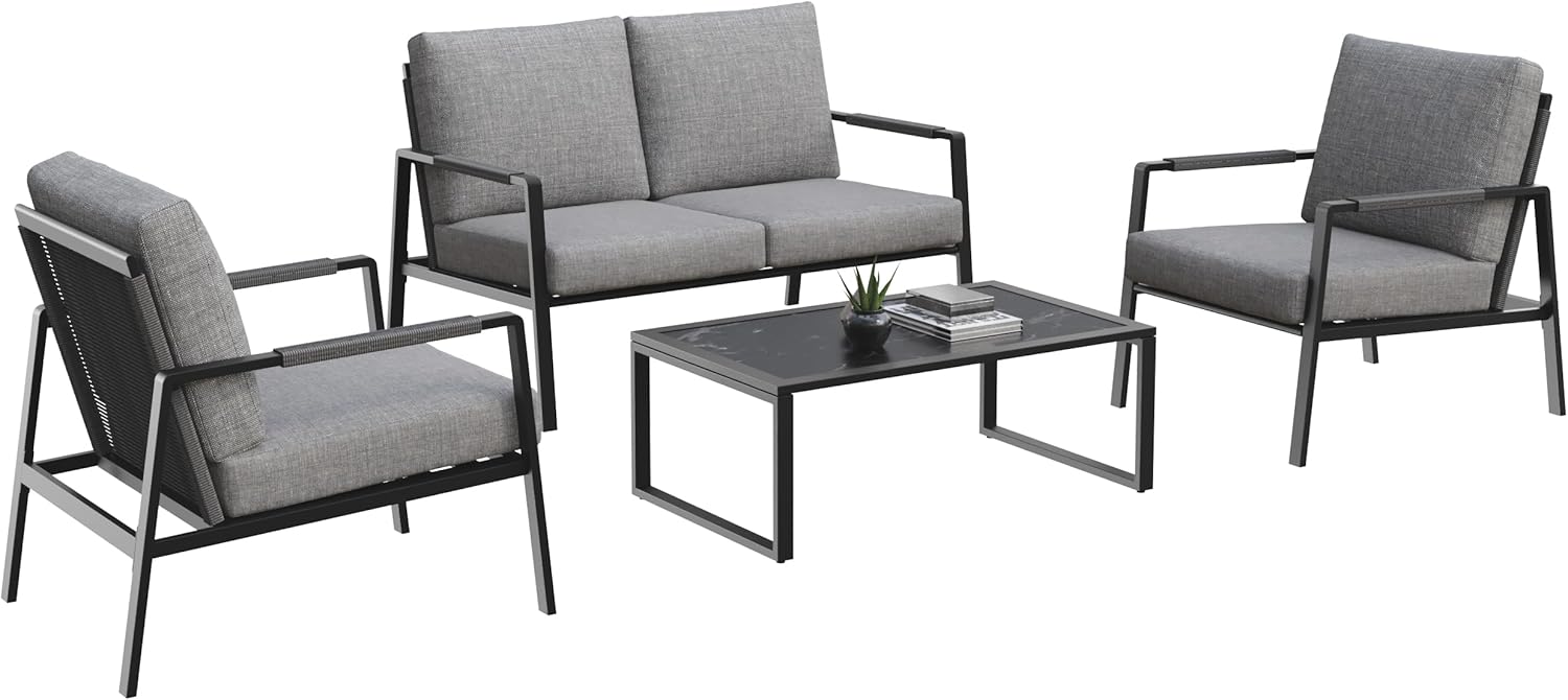 East Oak 4-Piece Patio Furniture Set with Thick Cushions, 4 Seats Waterproof Outdoor Patio Set with Rattan Armrests, Loveseat and Coffee Table for Backyard, 2024 Coast Patio Conversation Set in Grey