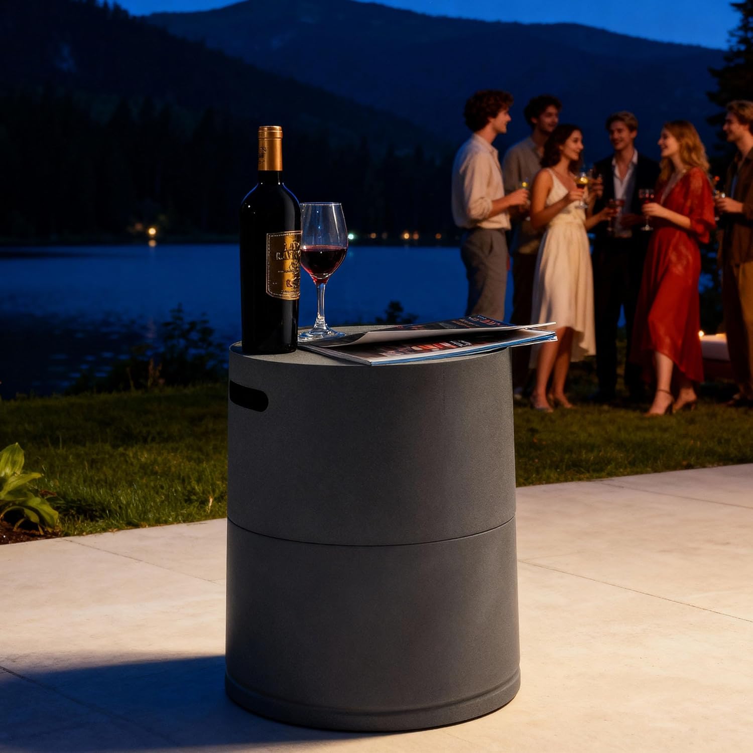 Propane Tank Cover, Outdoor Fire Pit Cover Holder for 20 lb Tank for Dining or Party, Gray Round Steel Hideaway Storage for Gas Fire Pits & Patio, Firepit for Outside, Garden, Yard, Only Table