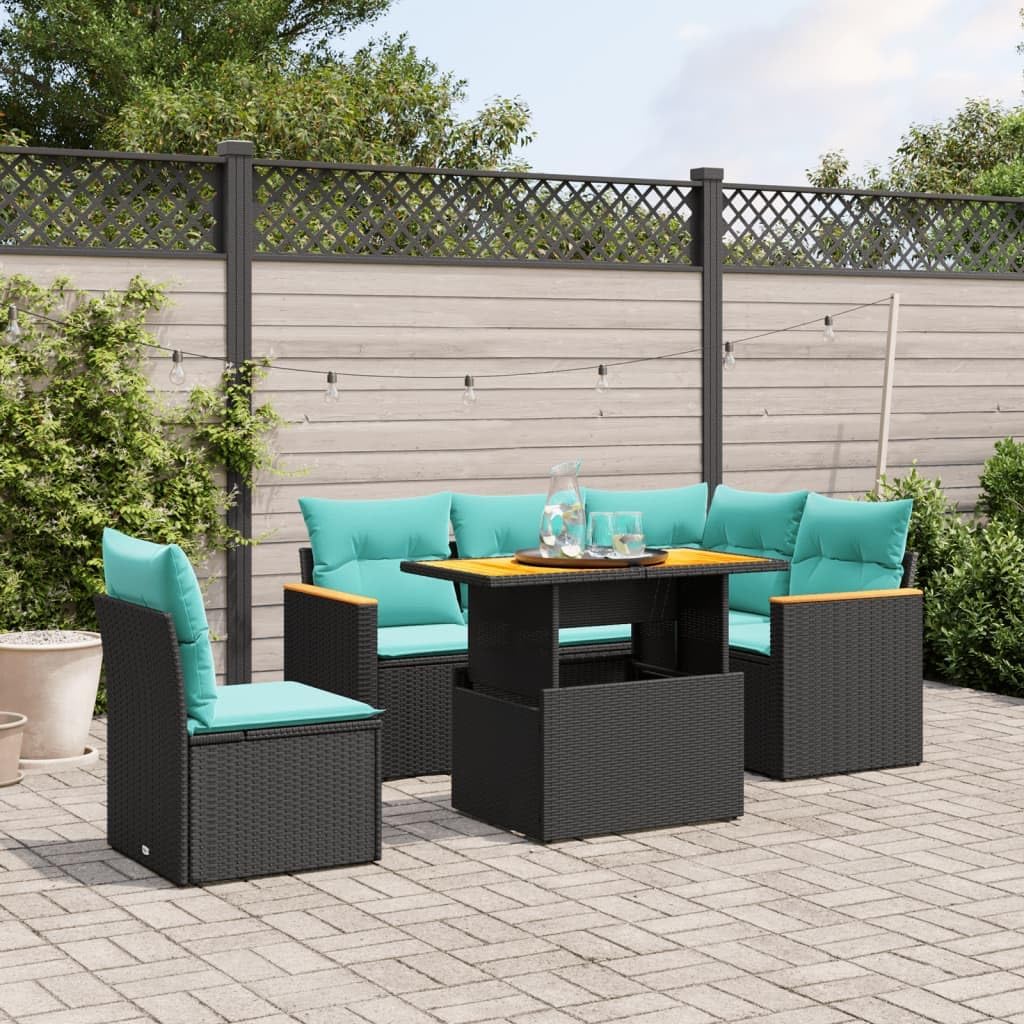 6 Piece Patio Sofa Set, Black Poly Rattan Outdoor Furniture with Blue Cushions, Adjustable Table, UV-Proof, for Backyard, Terrace, Balcony
