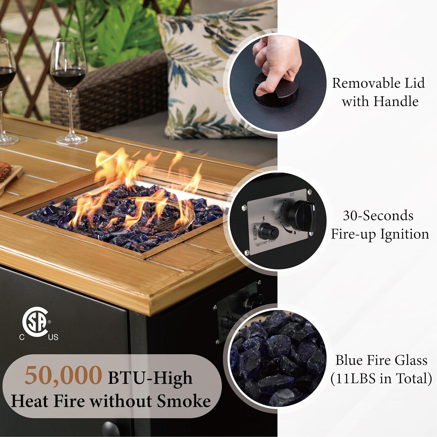 Patio Furniture Set with Firepit Table, 6 Pcs Metal Outdoor Conversation Set, 2 X Swivel Chairs, 1 X 3-Seater Sofa and 2 X Ottomans with 5.75