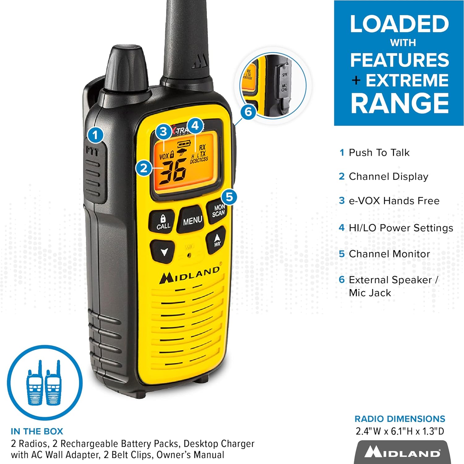 Midland - LXT600VP3 Long Range Walkie Talkie - FRS Two-Way Small Business Radio Rechargeable Portable- UTV Accessories with NOAA Weather Scan + Alert, and 36 Channels (Yellow/Black, 2 Radios)