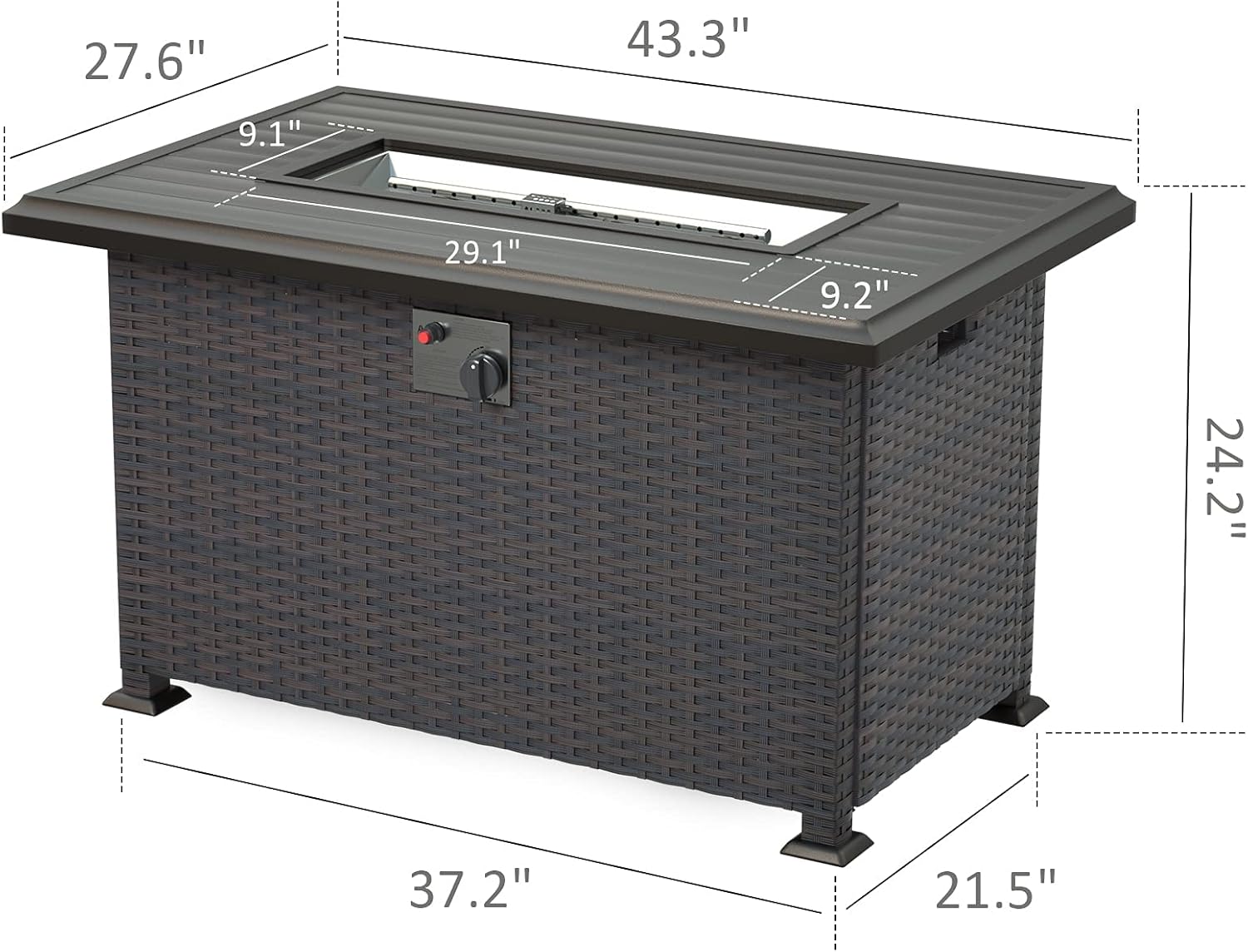 ALAULM Outdoor Propane Gas Fire Pit Table 43'',50,000 BTU with Rectangular Tabletop,Auto-Ignition,Adjustable Flame,Glass Wind Guard,Brown PE Rattan & ETL Certification