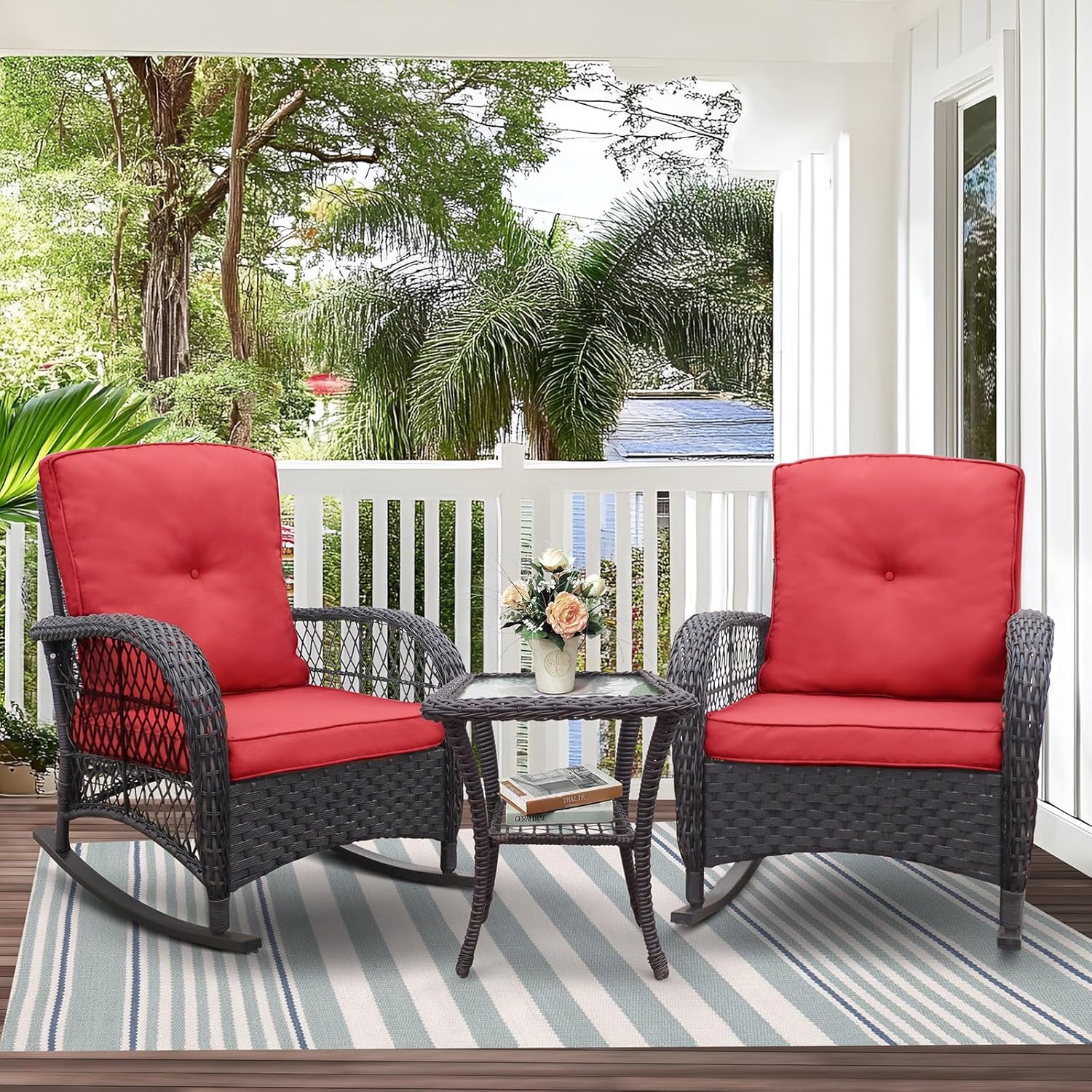 Skypatio Outdoor Wicker Rocking Chairs Set of 2 and Coffee Table, 3 Pieces Patio Bistro Furniture Set with Comfortable Cushions for Balcony, Porch, Backyard, Deck(Red)