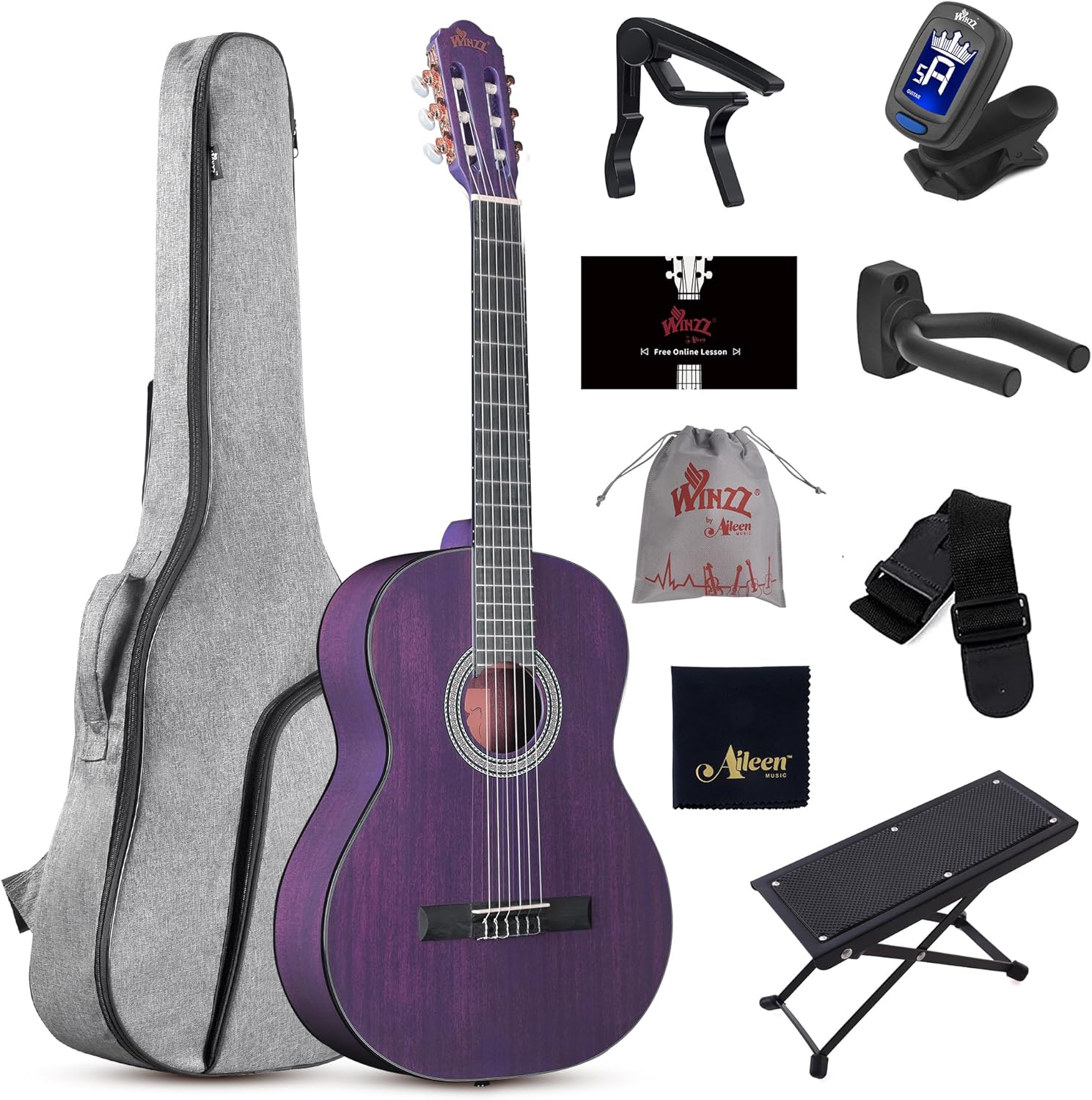 WINZZ 4/4 Classical Guitar, 39 Inch Full Size Nylon String Guitar for Beginner Adults, Full Classic Guitar Kit with Free Lessons, Gig Bag, Footstool, Capo, Tuner, Hanger and Strap (Glossy Purple)