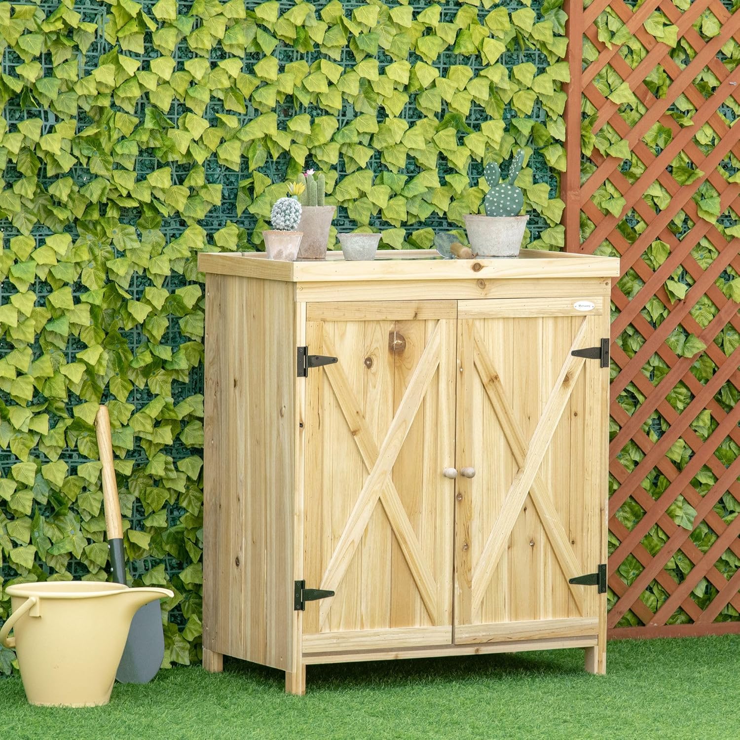 Outdoor Farmhouse Style Garden Storage Cabinet,Wooden Storage Cabinet with 2 Doors,Double-Layer Shelf,Garden Tool Shed with Galvanized Metal Top,Suitable for Backyard,Terrace,Lawn (Natural Wood-01)