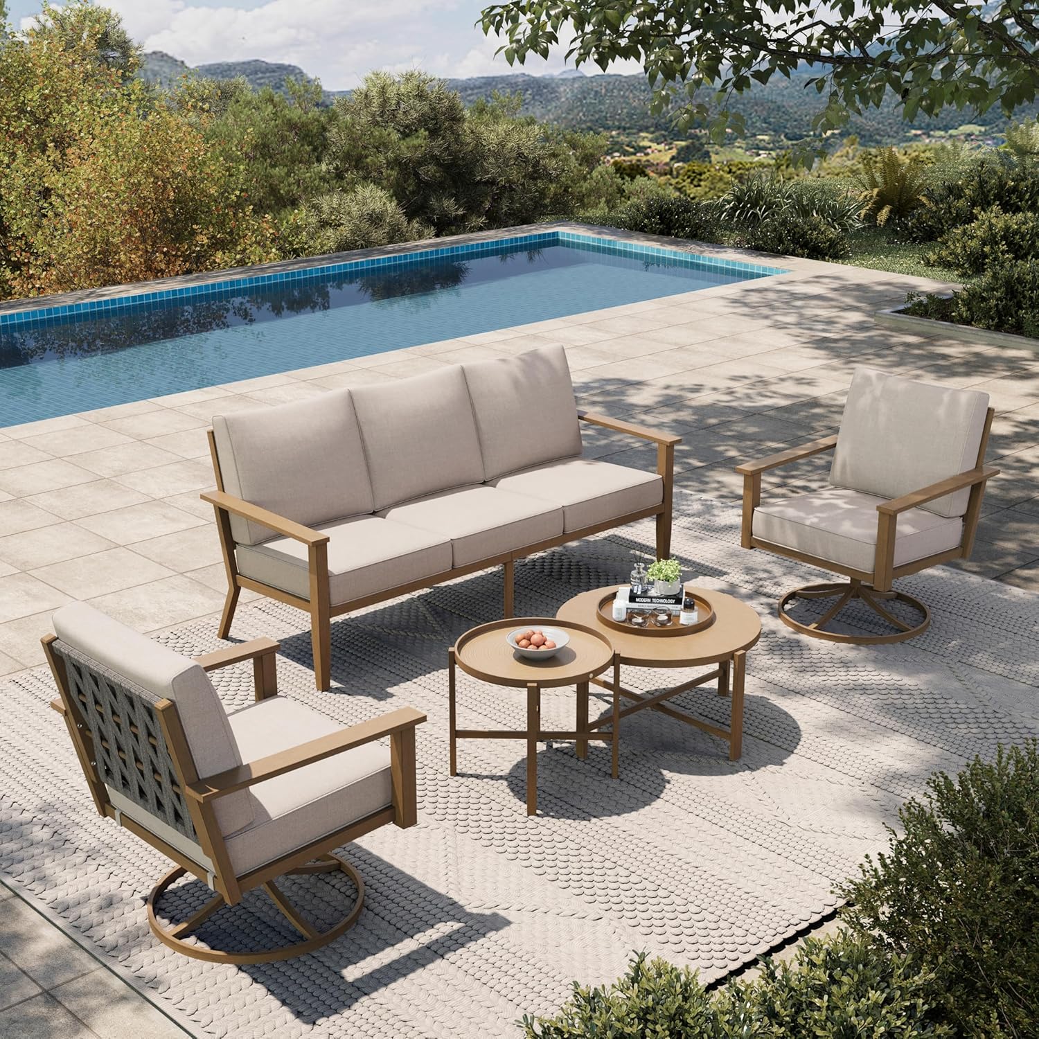 HERA'S HOUSE Patio Furniture Set 5-Piece, Metal Outdoor Conversation Set with Wood Grain Finish, 2 x Swivel Chair, 1 x 3-Seat Sofa, 2 x Multi-Functional Coffee Table for Garden Deck Backyard