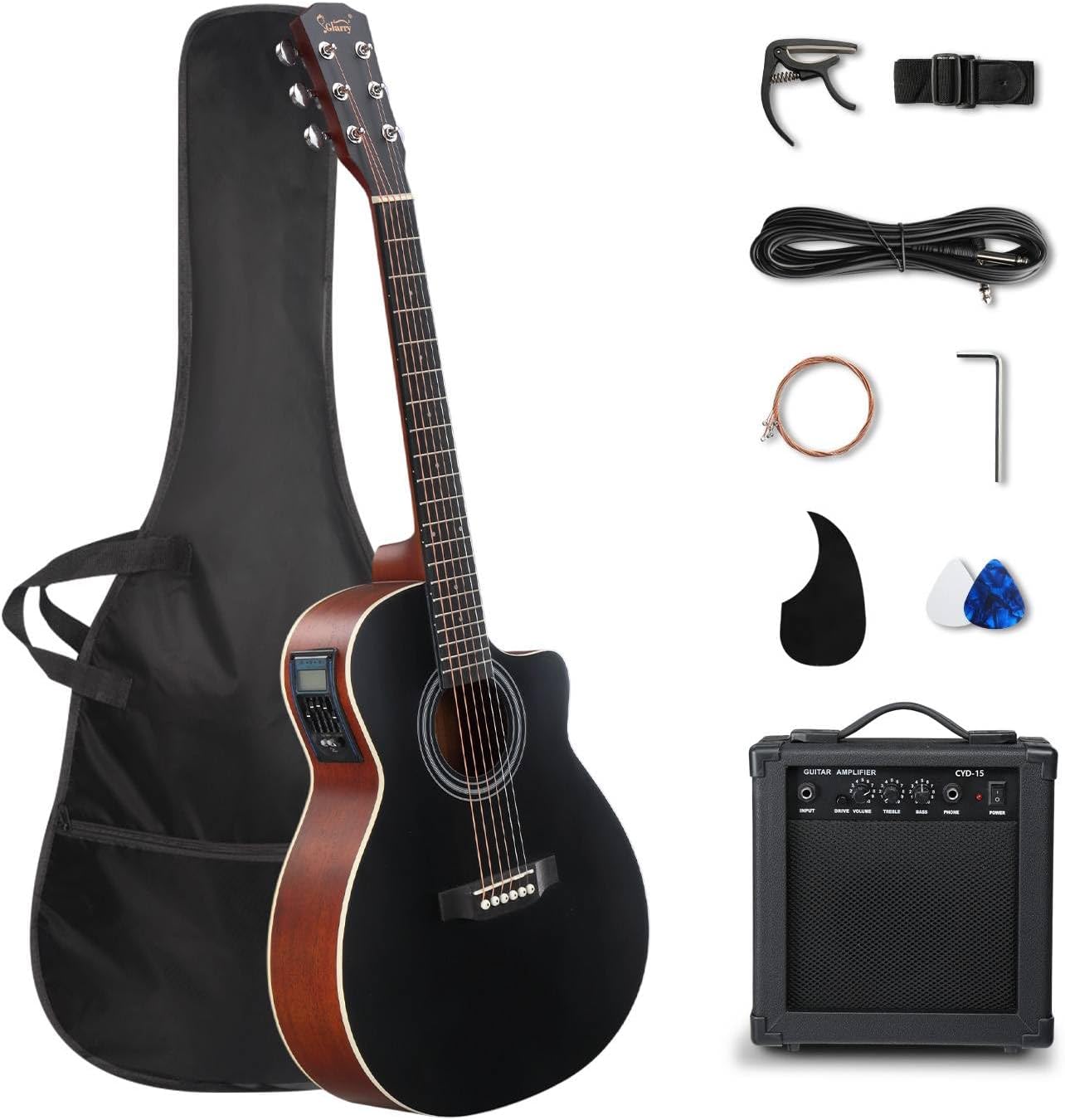 GLARRY 36in Acoustic Electric Guitar Beginner Kit with 15W Amp, 5-band EQ Dreadnought Design 6 Strings Electric Acoustic Guitar with Bag, Strap, Picks, Strings, Wrench (Black)