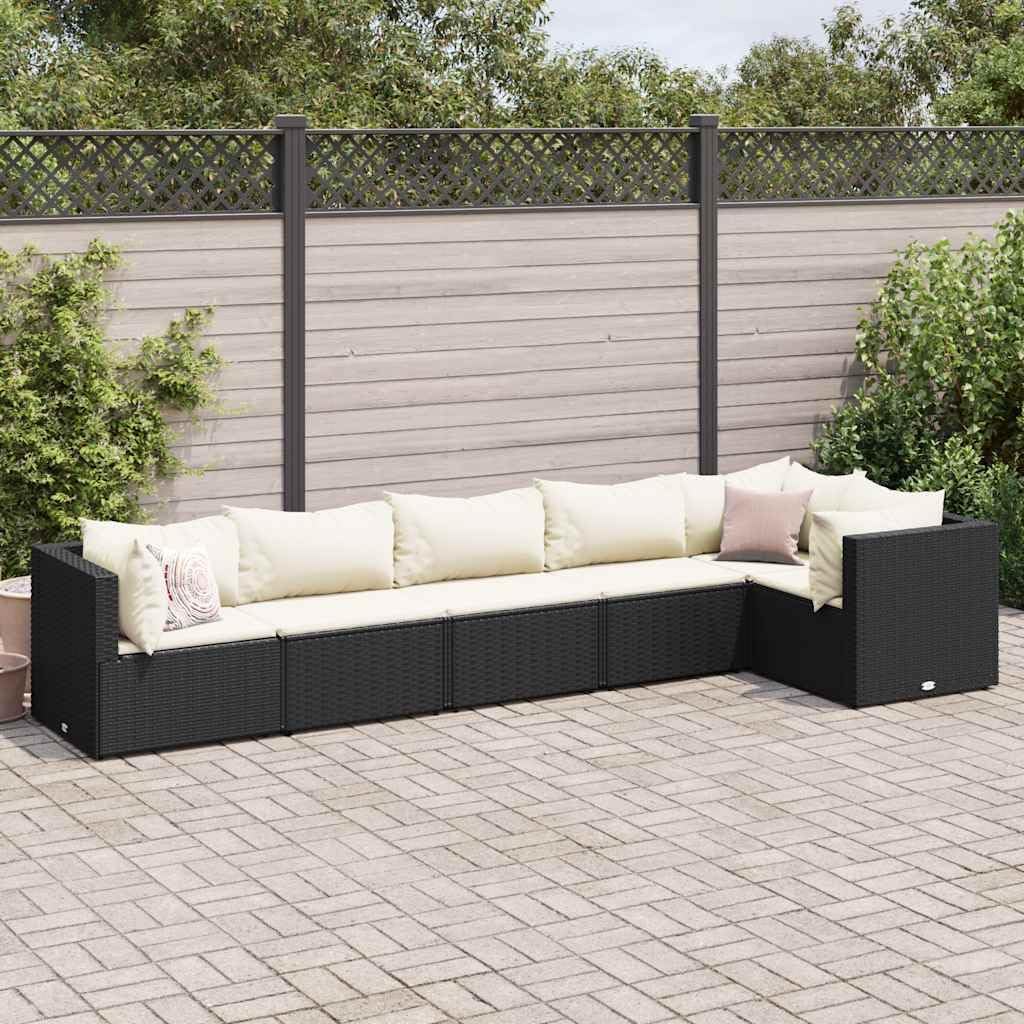6 Piece Patio Lounge Set with Cushions Black Poly Rattan, Patio Furniture Sets, Outdoor Furniture