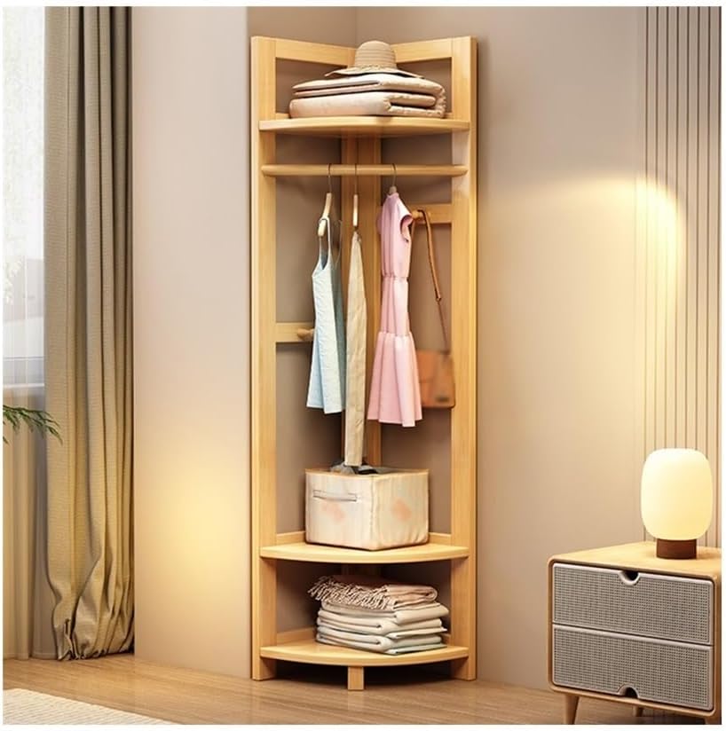 Entryway Solid Wood Corner Floor Coat Rack Bedroom Clothes Multifunctional Storage Bedroom(Wood)