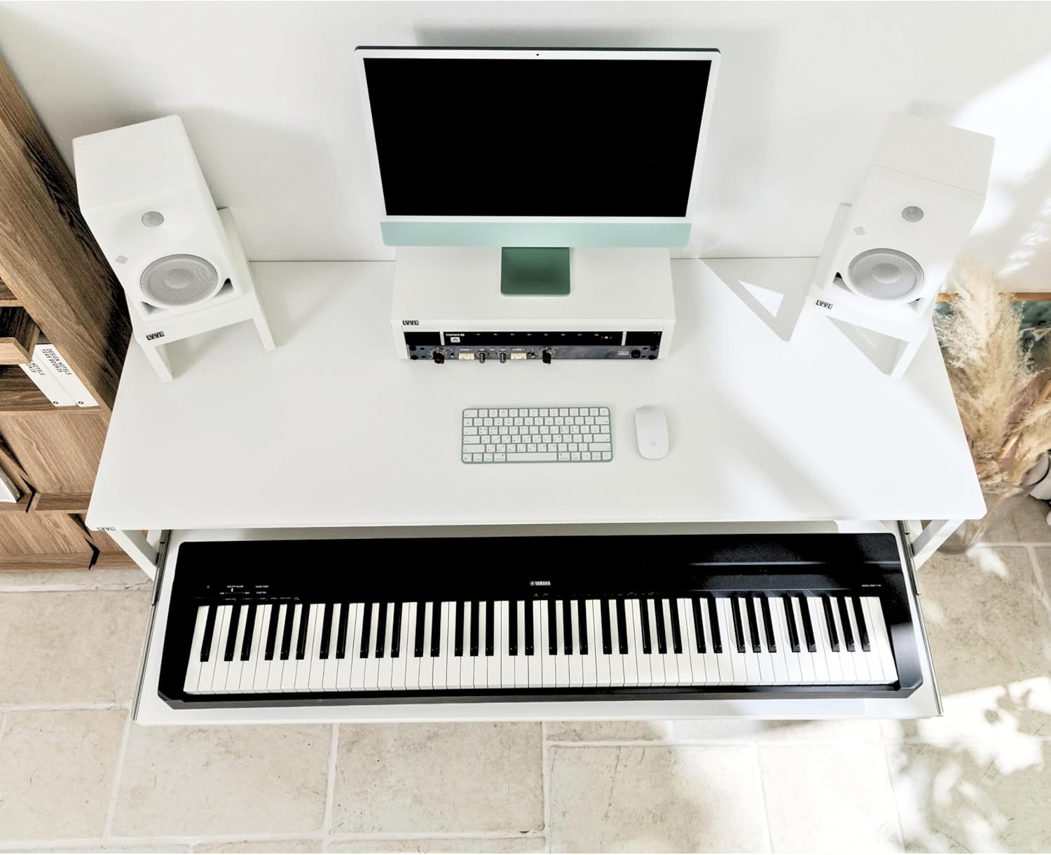 Music Studio Desk with Keyboard Tray and Height Adjustment Bracket, for Full 88 Keys (Music Producer Desk)(White, 88 Keys)