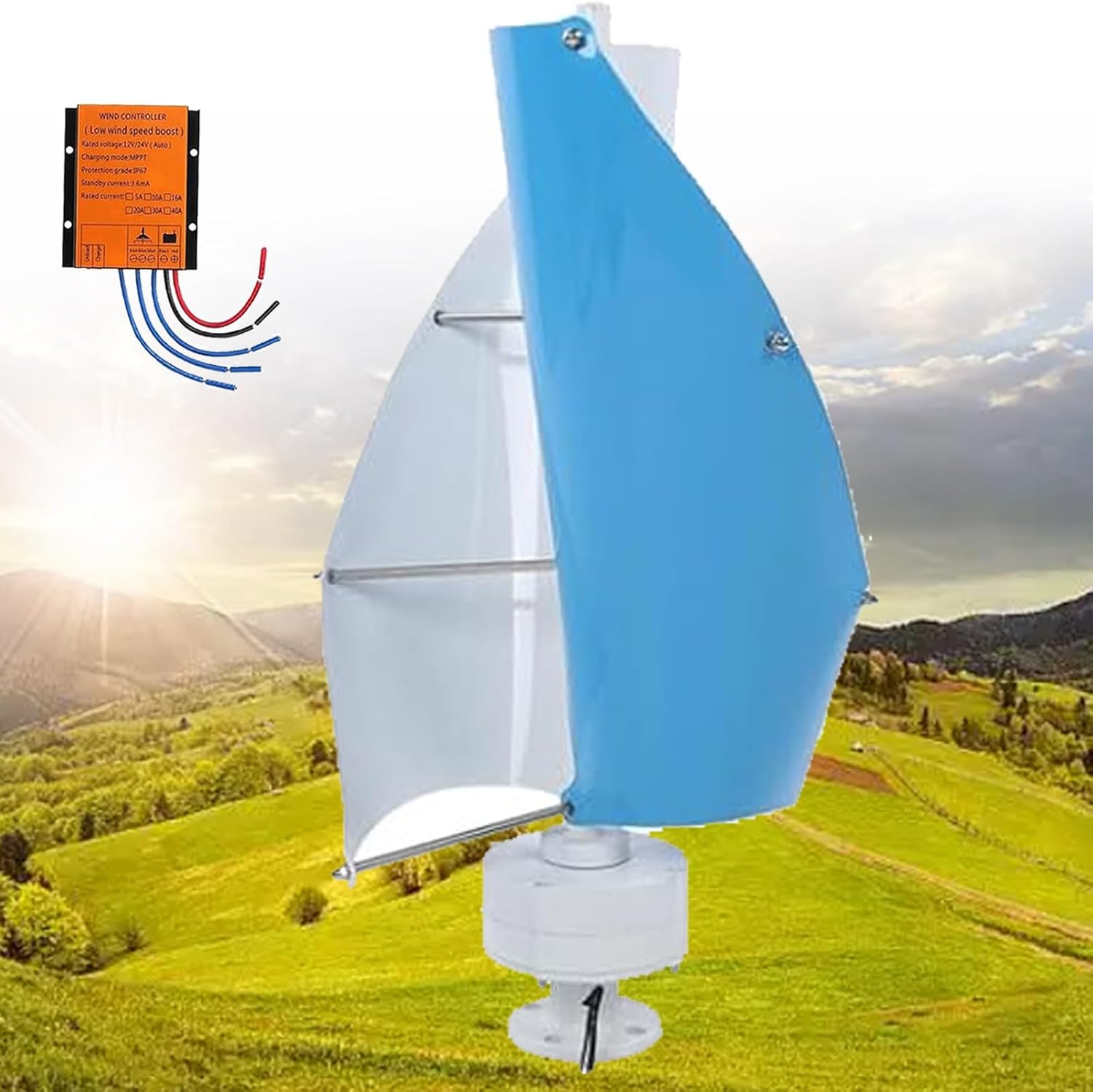 Magnetic Levitation Wind Turbine Kit 18000W 12V/24V/48V Vertical Axis Generator - 2 Blades for Home, Business, Industrial Energy Supply (Blue, 12V)