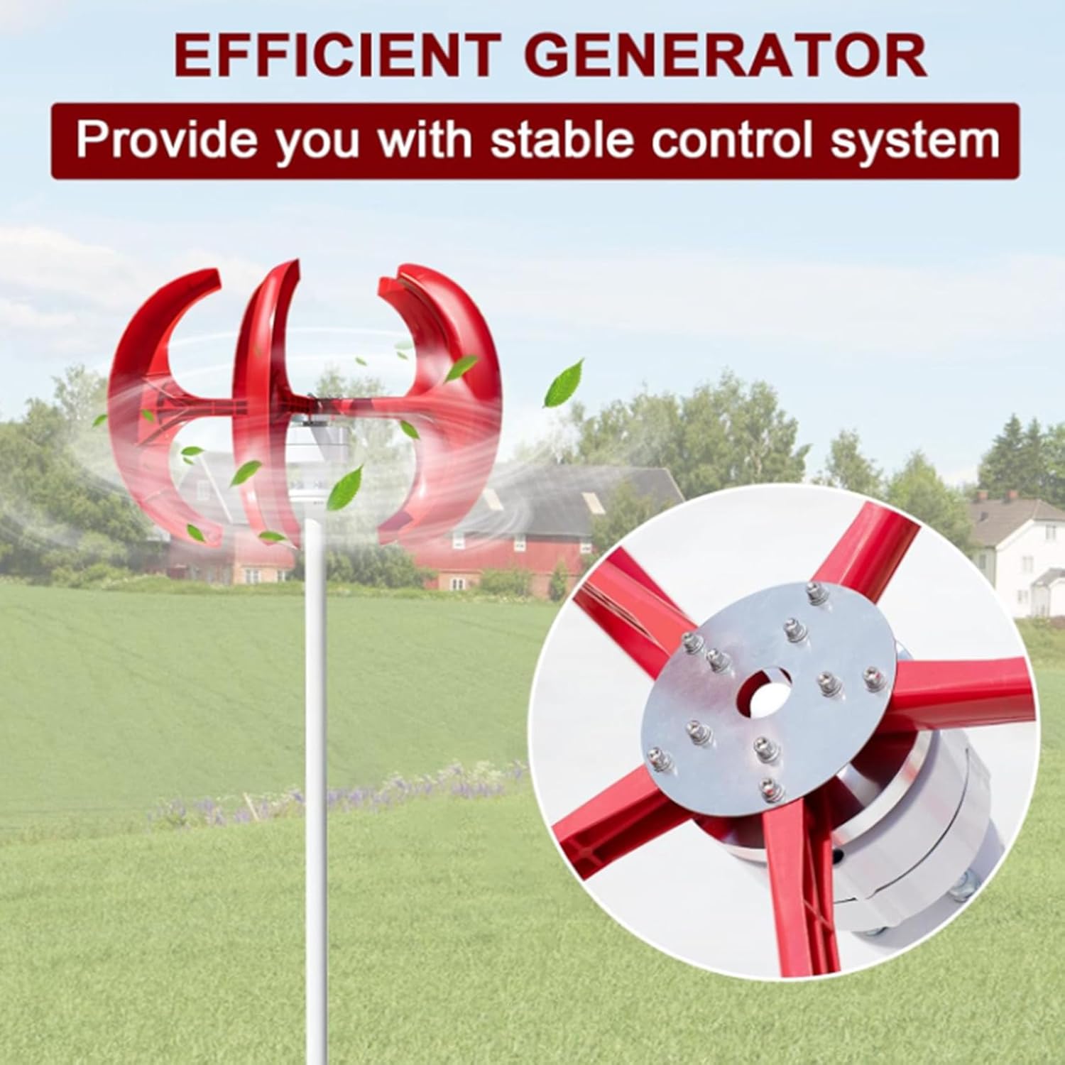 5-Blade Wind Turbine Generator Set, 3000W Household Hybrid car Street Light Wind Vertical axis Generator Set, 12v 24v 48v 220v electromagnetic Generator Equipment red
